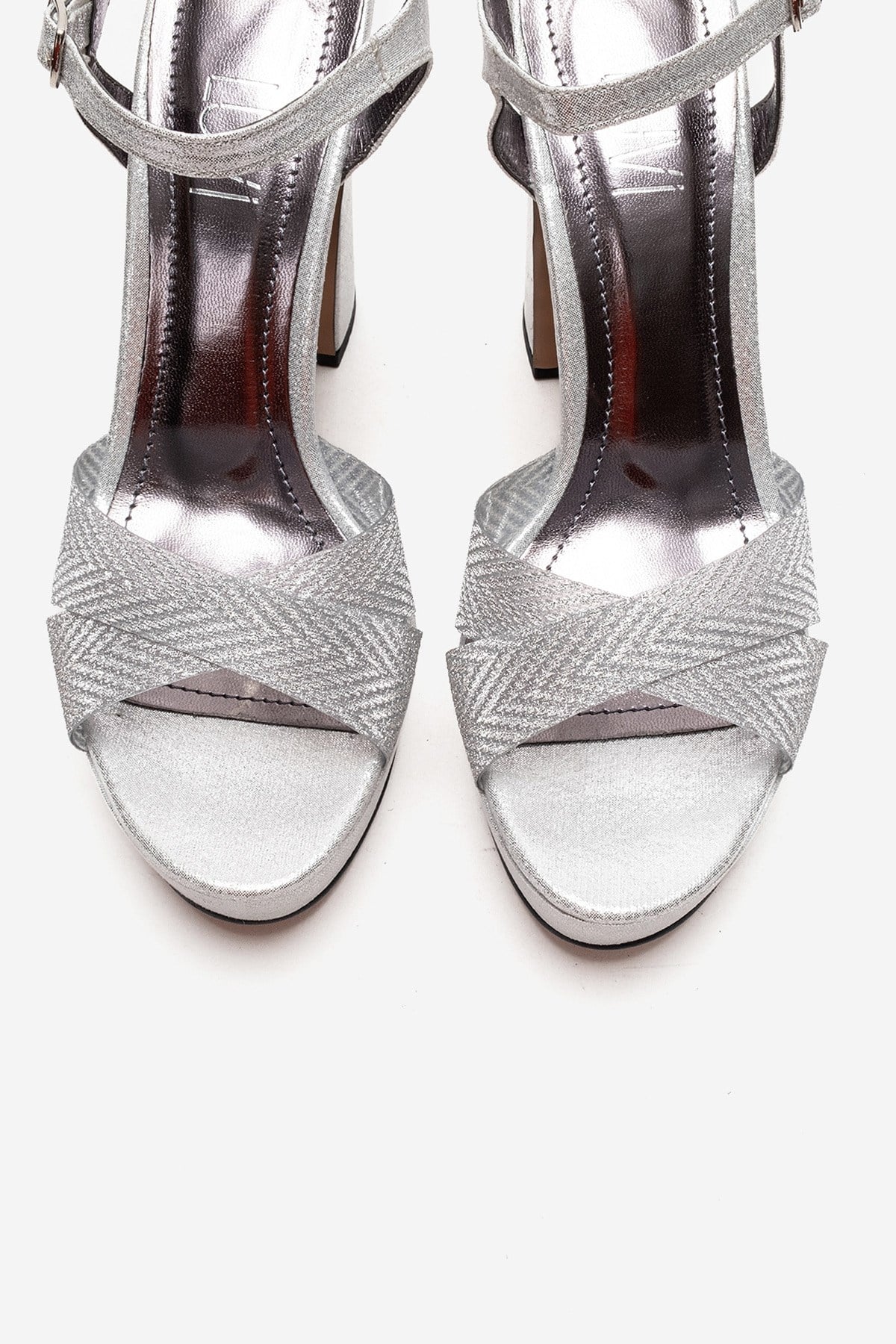 ORELION - Silver Platform Heel Evening Shoe – side view showing leather, glitter, silver, Vowalisse
