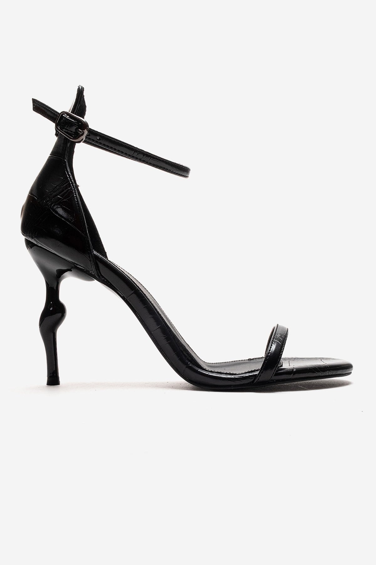 Yelena - Black Patent Thin Strap Stiletto Pump – heel view showing leather, black, Vowalisse