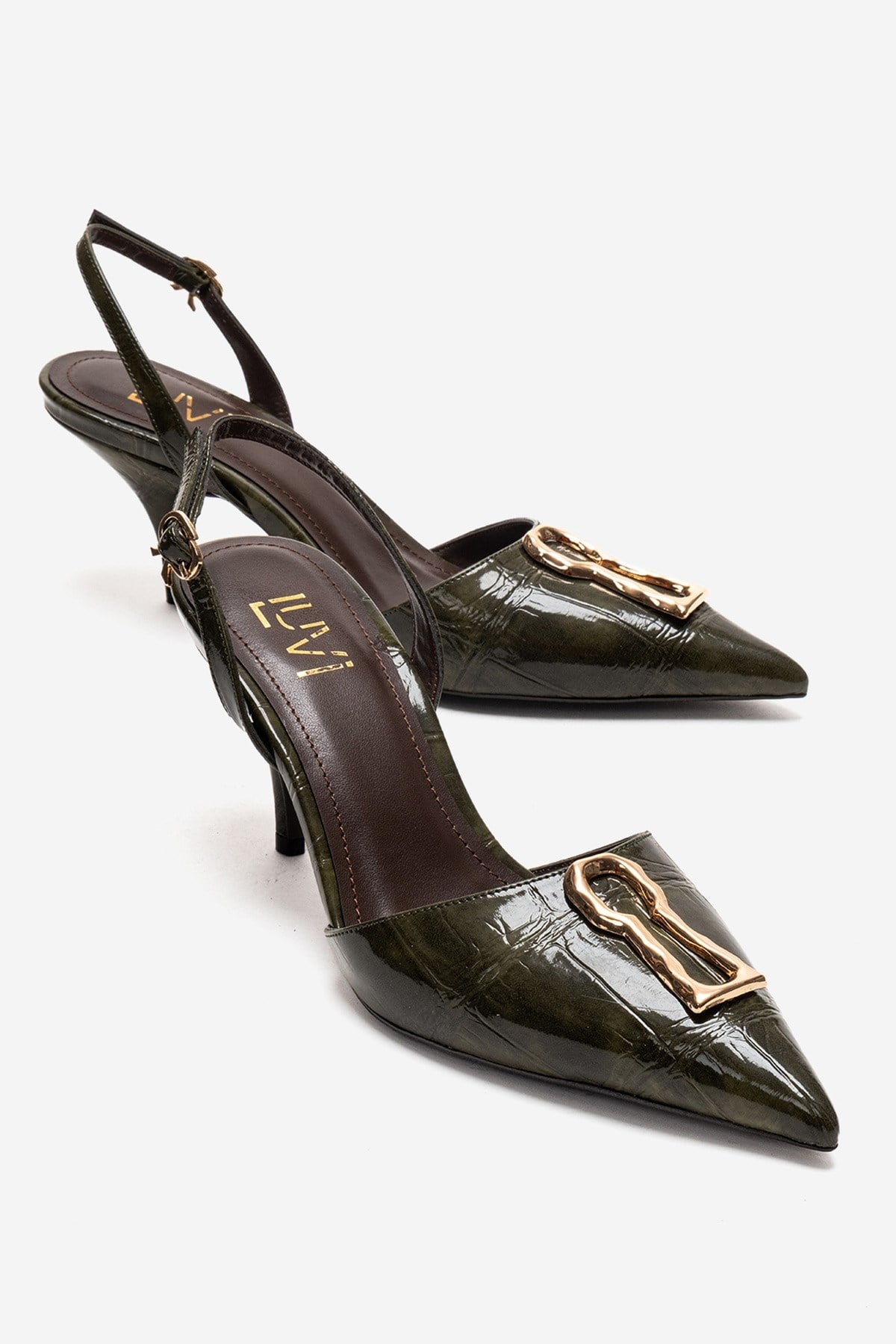 Yvella - Green Patent Buckle Pointed Toe Stiletto Pump – front three-quarter view showing leather, green, Vowalisse