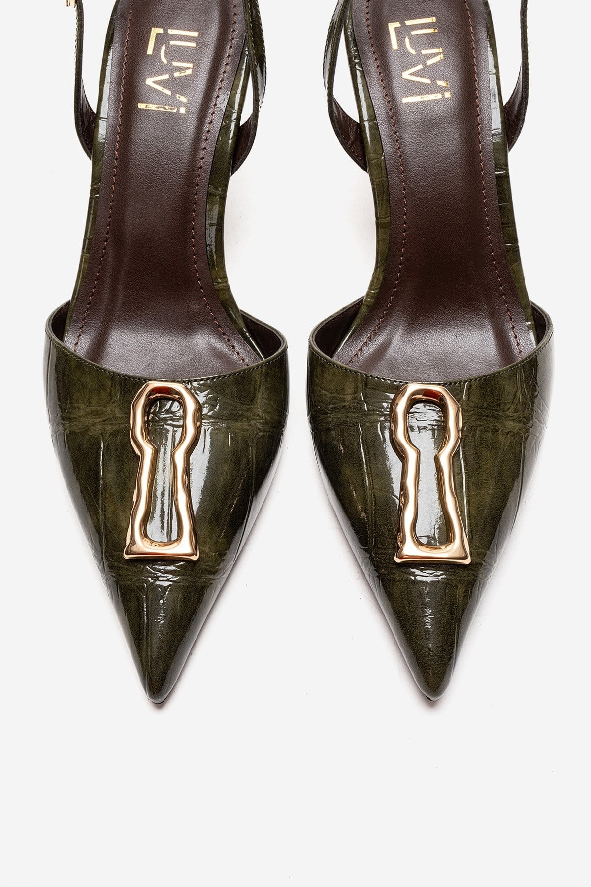 Yvella - Green Patent Buckle Pointed Toe Stiletto Pump – side view showing leather, green, Vowalisse