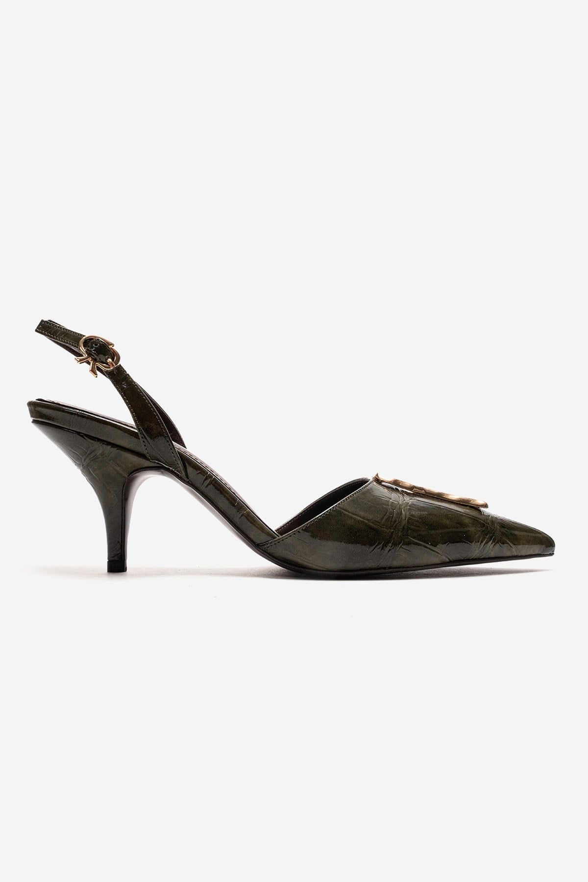 Yvella - Green Patent Buckle Pointed Toe Stiletto Pump – heel view showing leather, green, Vowalisse