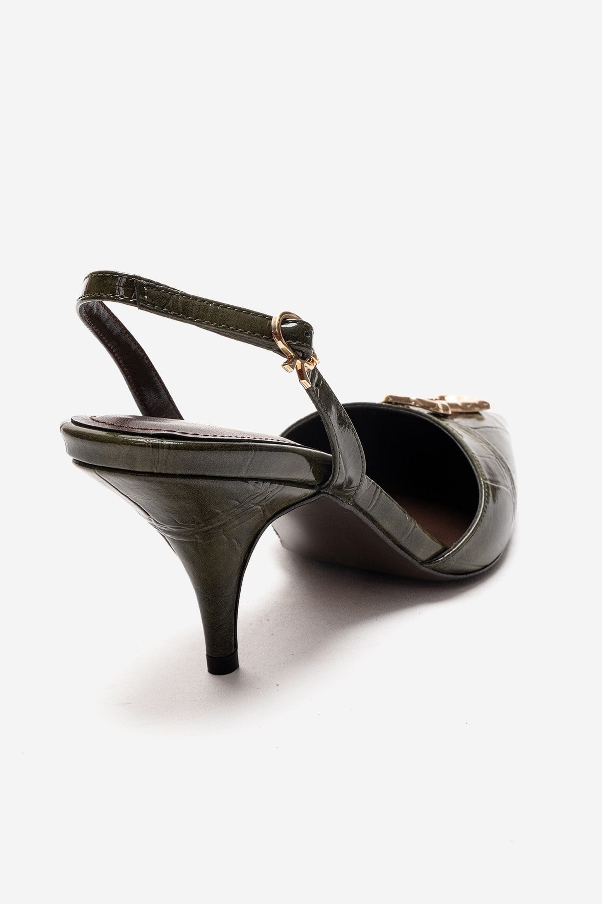 Yvella - Green Patent Buckle Pointed Toe Stiletto Pump – back view showing leather, green, Vowalisse