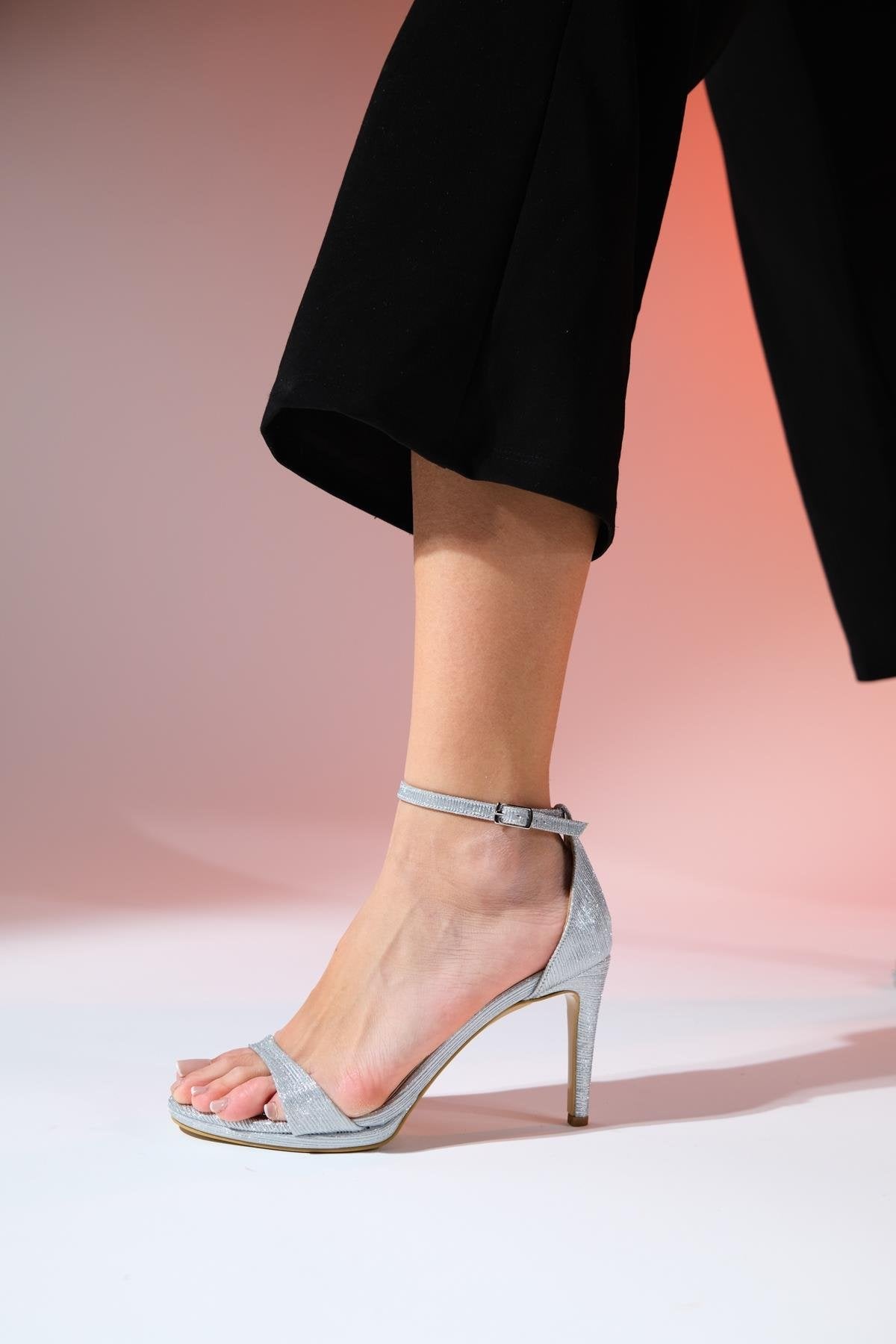 Bern - Silver Striped Platform Heel Evening Shoe – back view showing leather, silver, Vowalisse