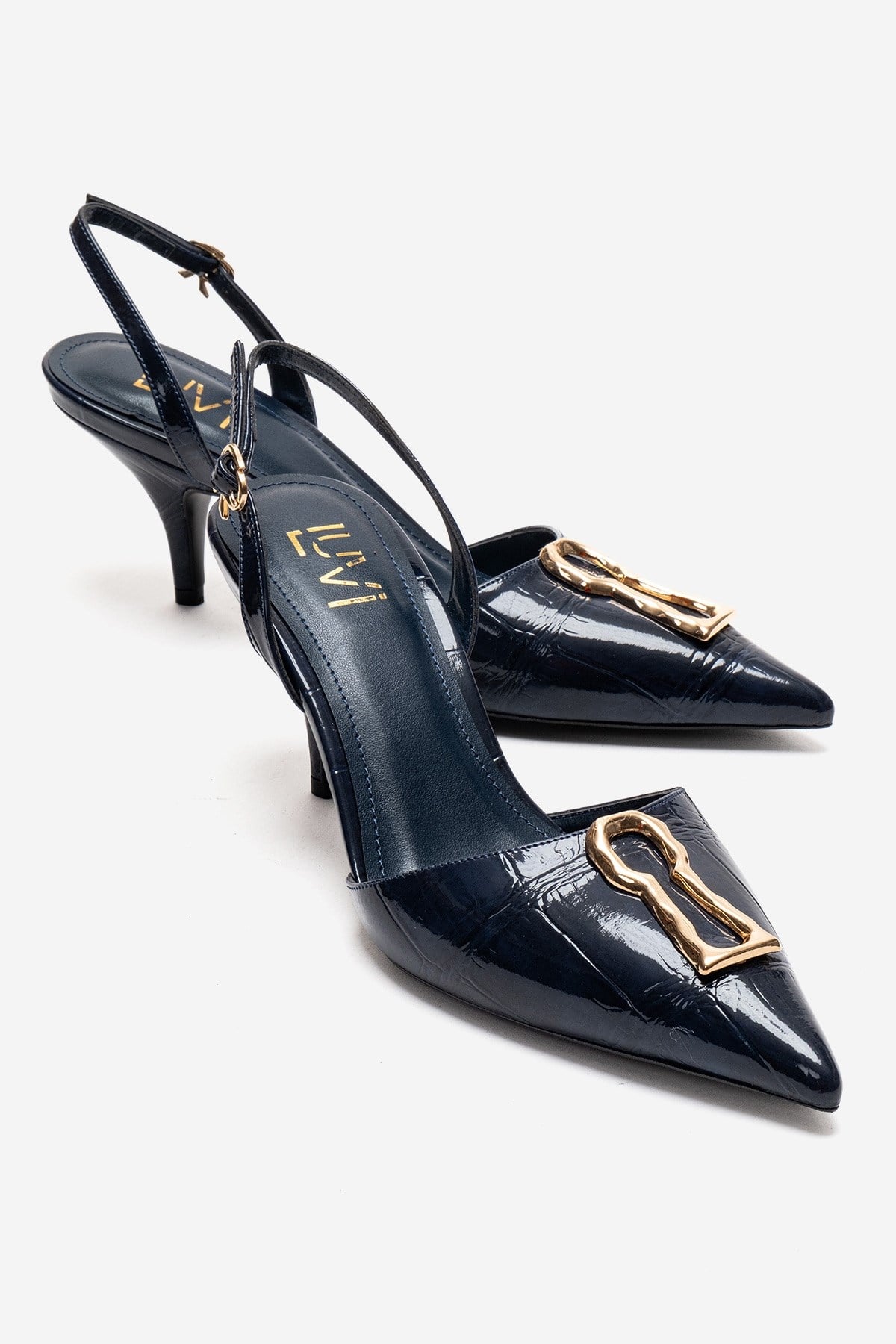 Yvella - Navy Patent Buckle Pointed Toe Stiletto Pump – front three-quarter view showing leather, Vowalisse
