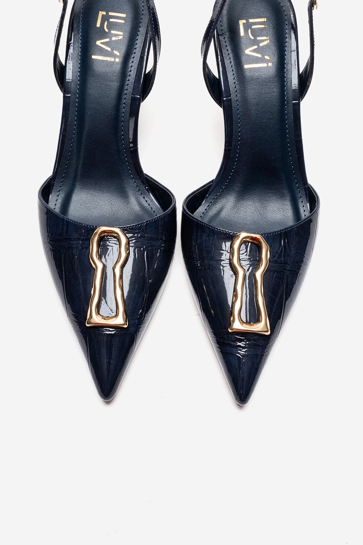 Yvella - Navy Patent Buckle Pointed Toe Stiletto Pump – side view showing leather, Vowalisse