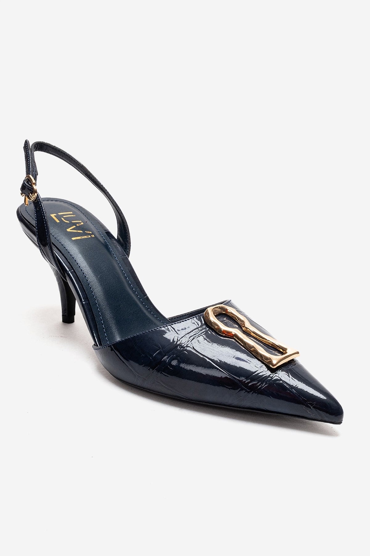 Yvella - Navy Patent Buckle Pointed Toe Stiletto Pump – detail view showing leather, Vowalisse