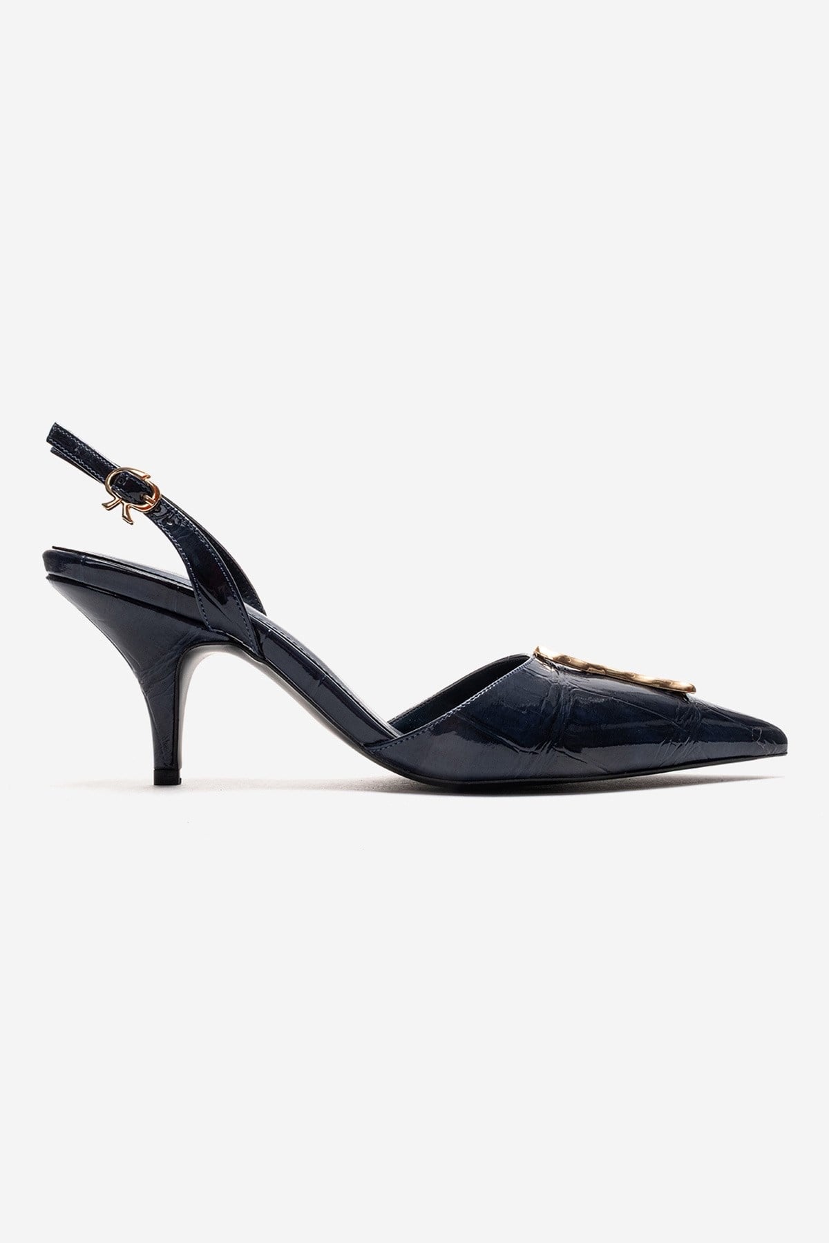 Yvella - Navy Patent Buckle Pointed Toe Stiletto Pump – heel view showing leather, Vowalisse