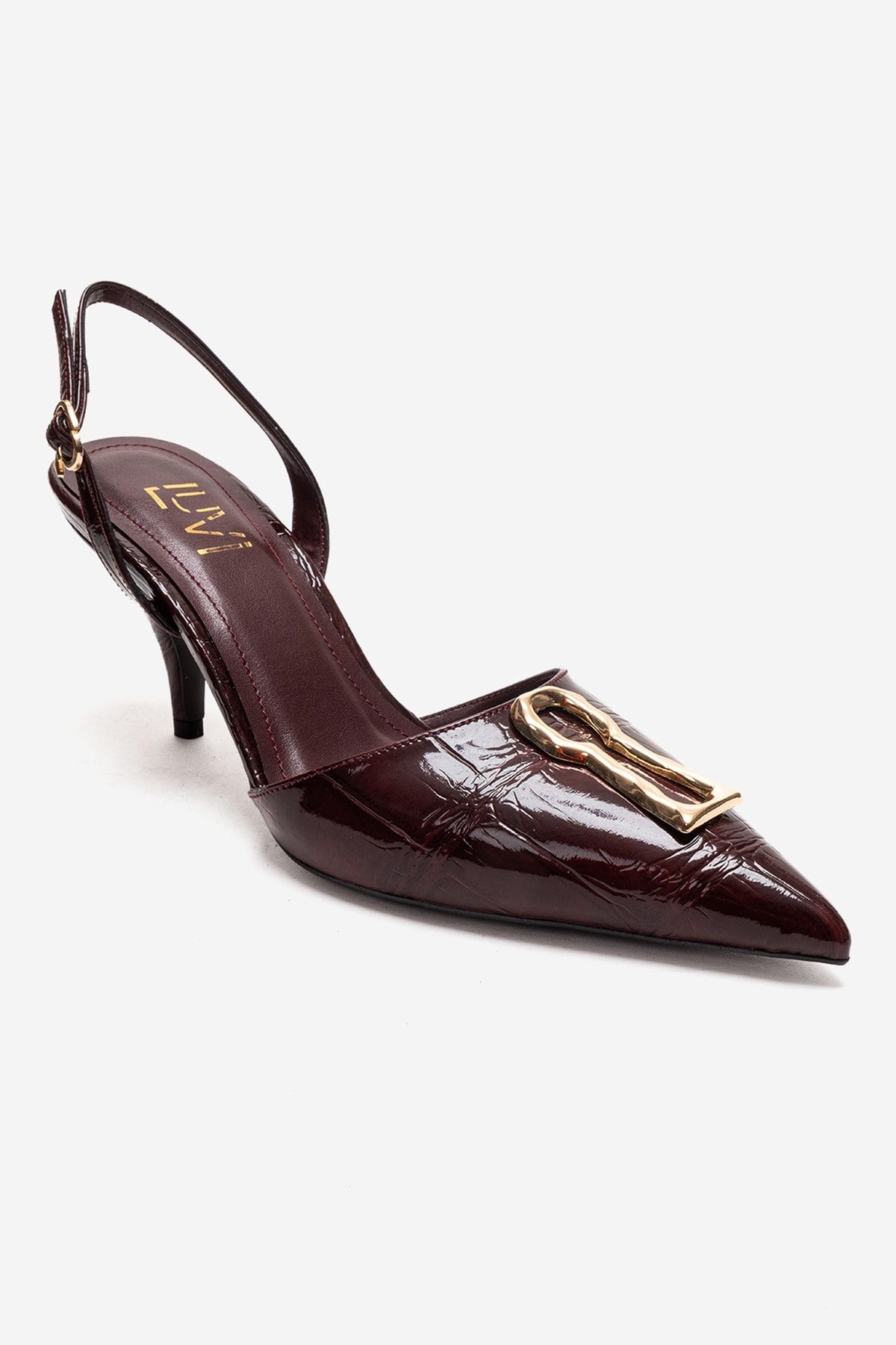 Yvella - Burgundy Patent Buckle Pointed Toe Stiletto Pump – detail view showing leather, metallic, Vowalisse