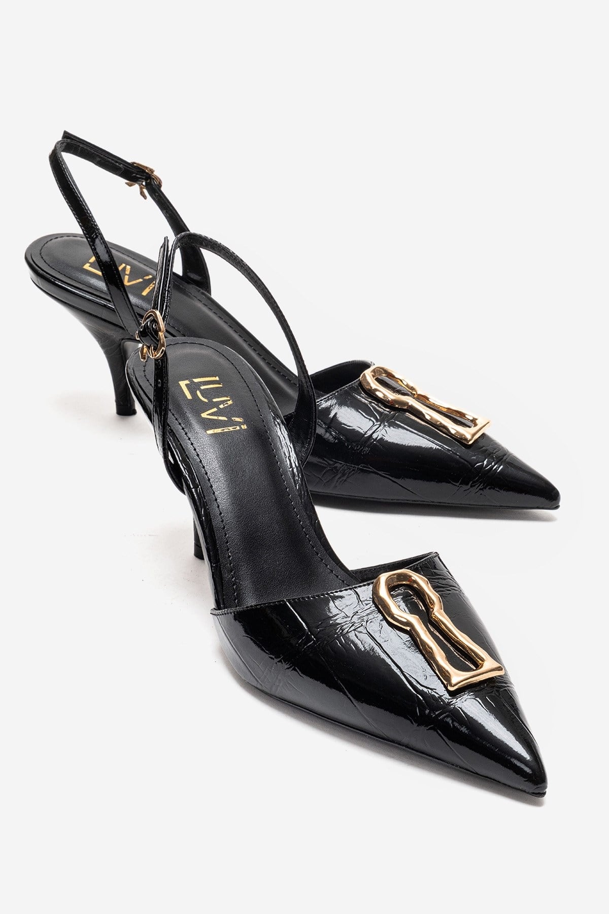 Yvella - Black Patent Buckle Pointed Toe Stiletto Pump – front three-quarter view showing leather, metallic, black…