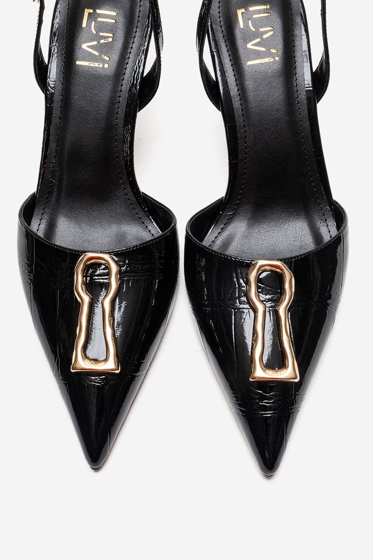 Yvella - Black Patent Buckle Pointed Toe Stiletto Pump – side view showing leather, metallic, black, Vowalisse