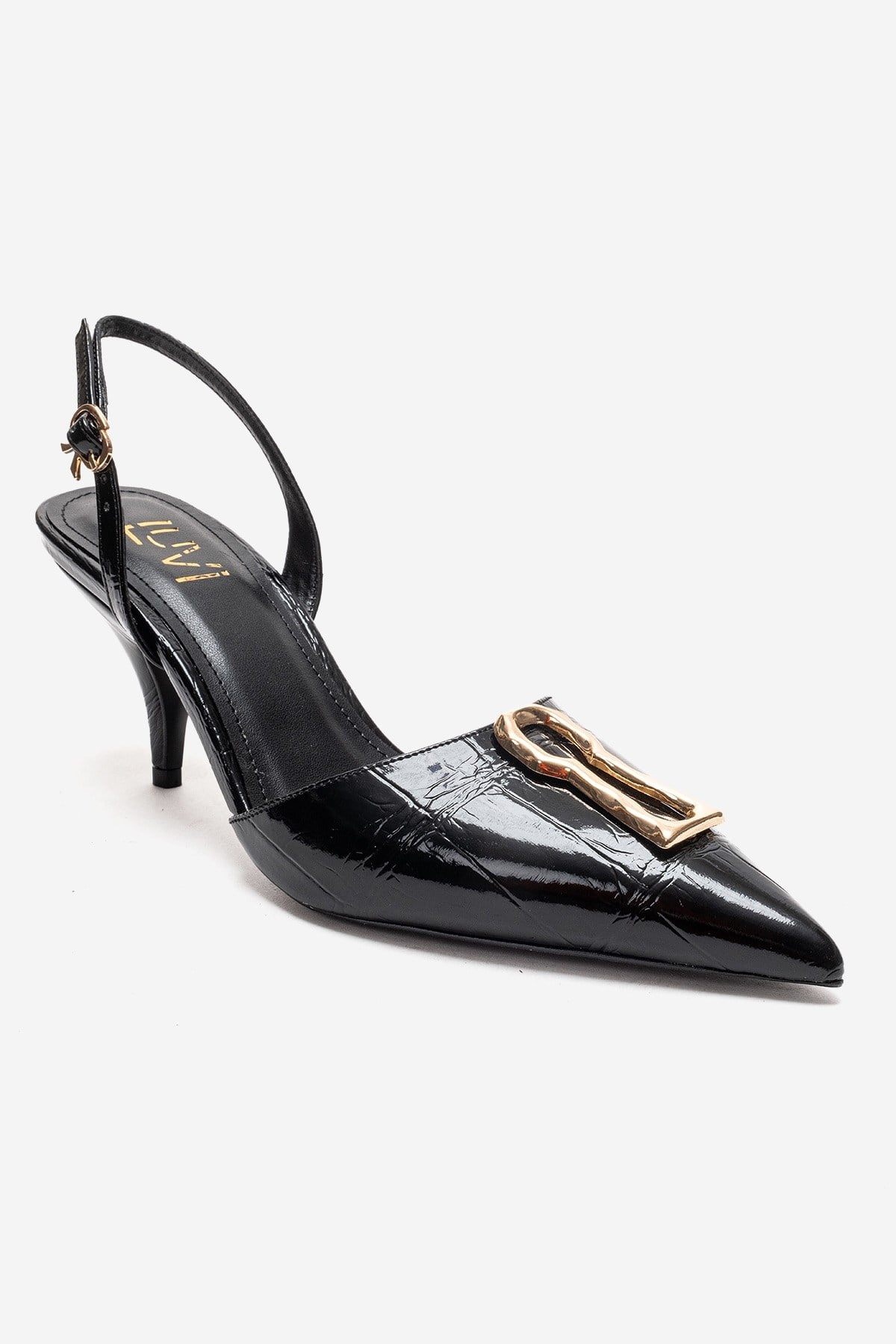 Yvella - Black Patent Buckle Pointed Toe Stiletto Pump – detail view showing leather, metallic, black, Vowalisse