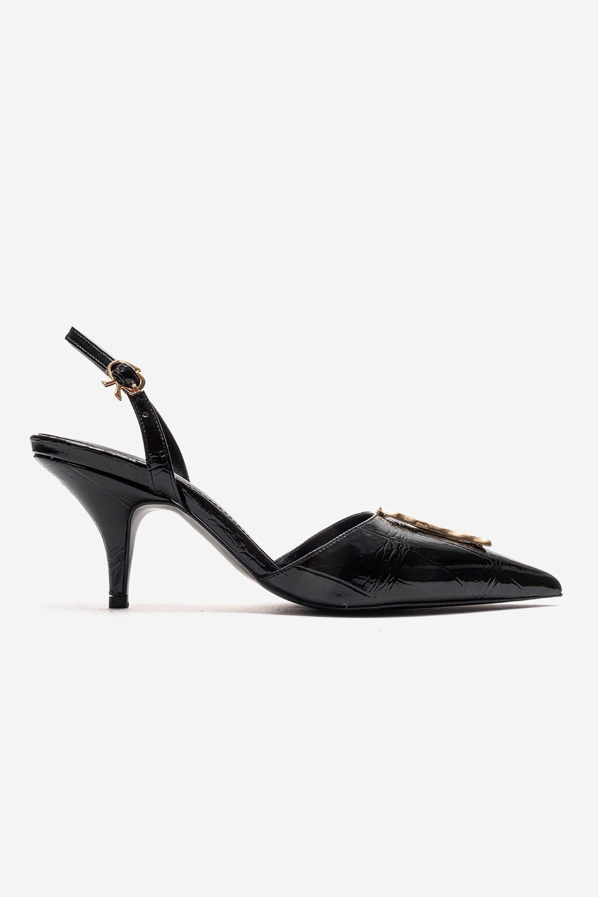 Yvella - Black Patent Buckle Pointed Toe Stiletto Pump – heel view showing leather, metallic, black, Vowalisse
