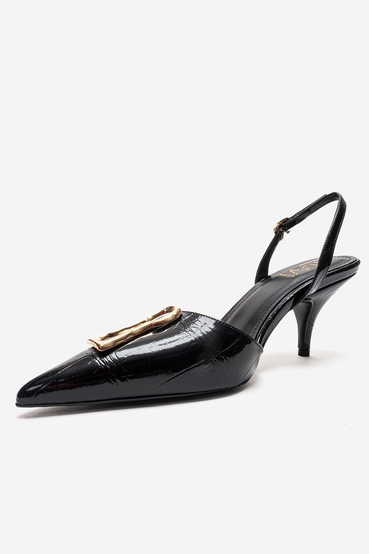 Yvella - Black Patent Buckle Pointed Toe Stiletto Pump – top view showing leather, metallic, black, Vowalisse
