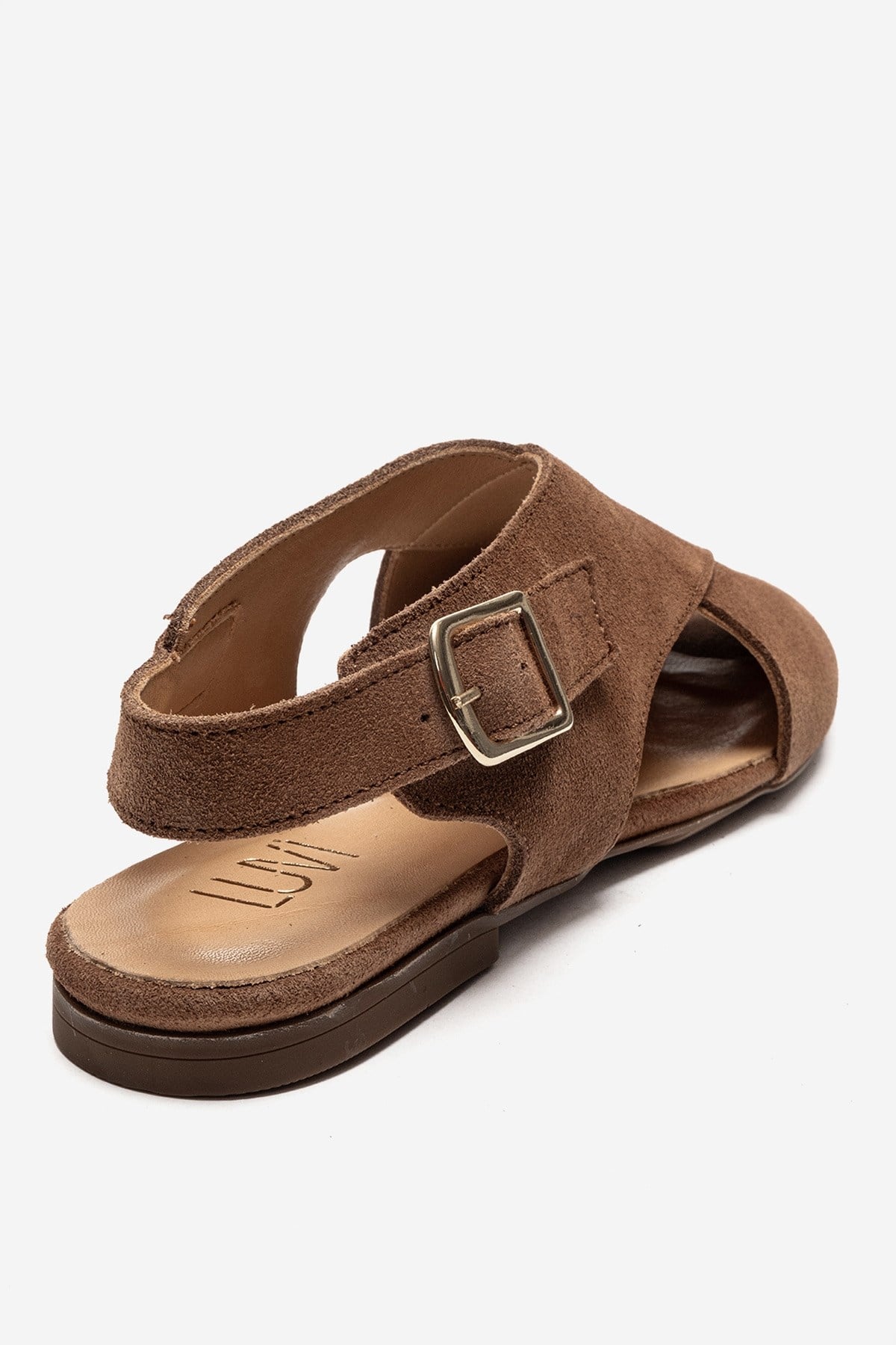 Monaro - Taupe Genuine Leather Sandal – back view showing leather, suede, Vowalisse