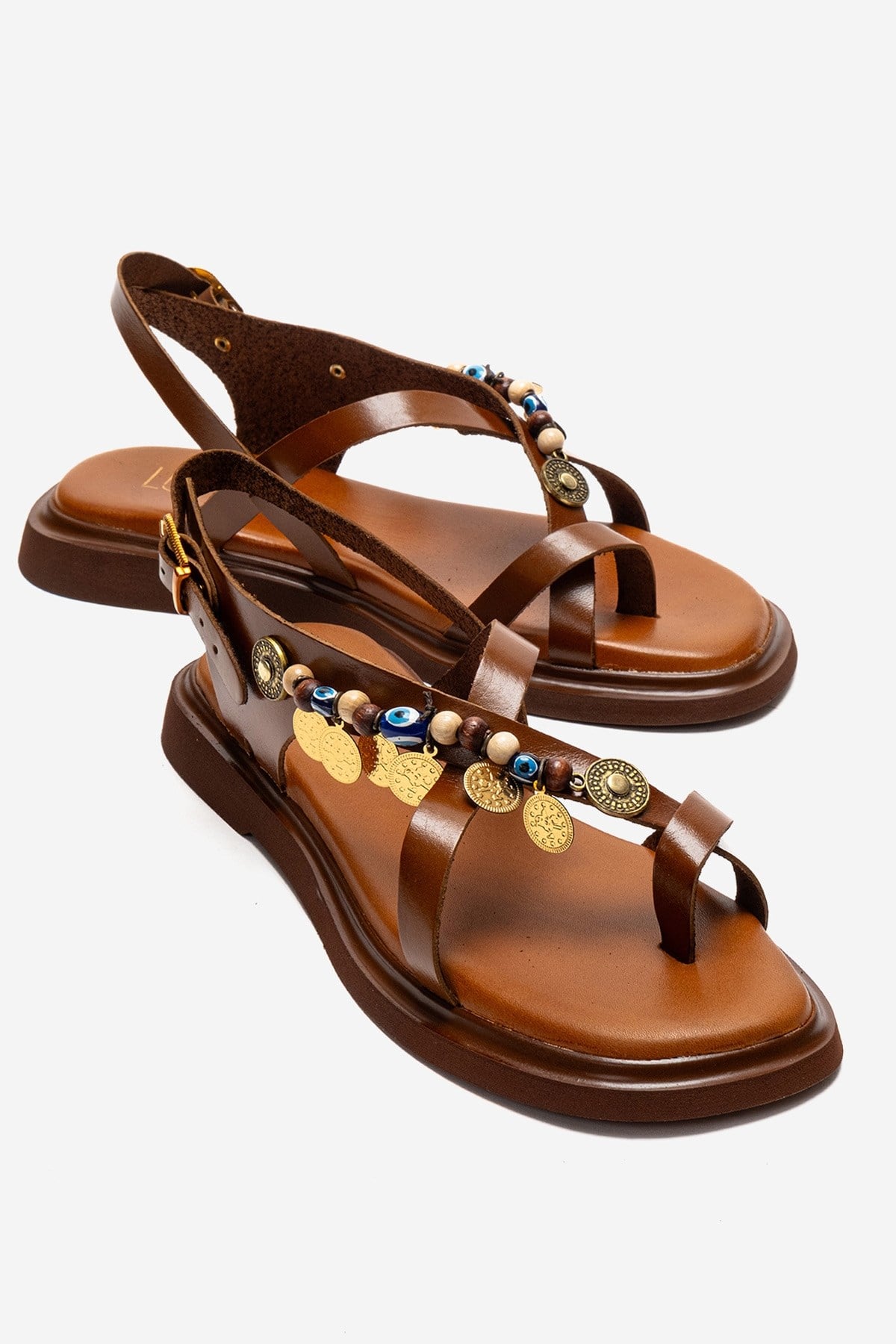 HUSH - Cognac Genuine Leather Beaded Toe-Post Sandal – front three-quarter view showing leather, beaded, Vowalisse