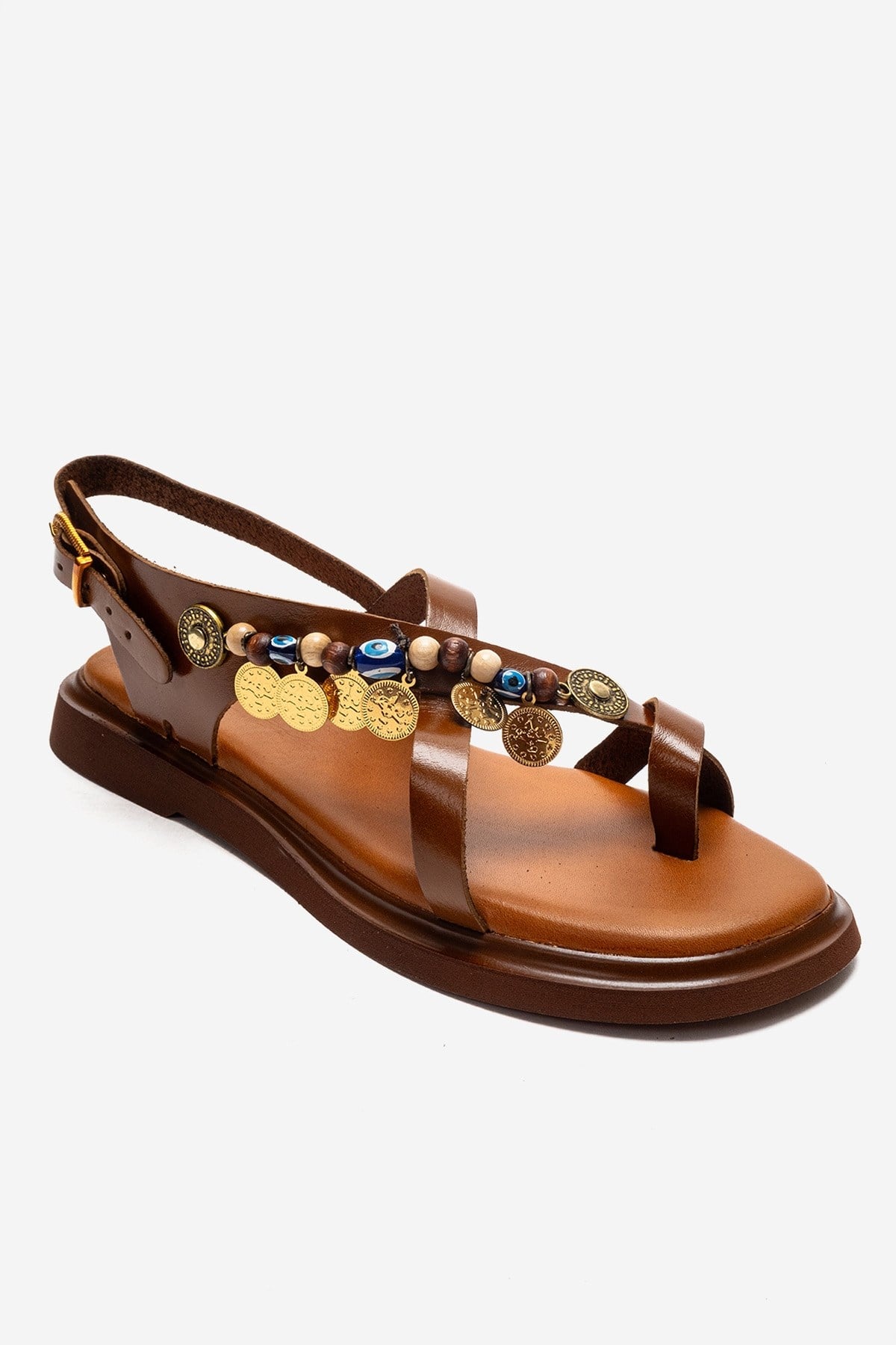 HUSH - Cognac Genuine Leather Beaded Toe-Post Sandal – detail view showing leather, beaded, Vowalisse