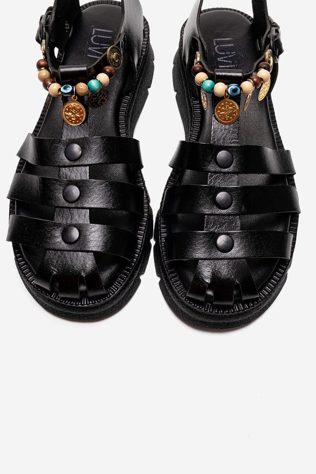 SOLIS - Black Genuine Leather Beaded Sandal – side view showing leather, beaded, black, Vowalisse