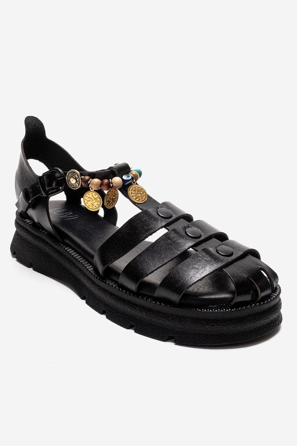 SOLIS - Black Genuine Leather Beaded Sandal – detail view showing leather, beaded, black, Vowalisse