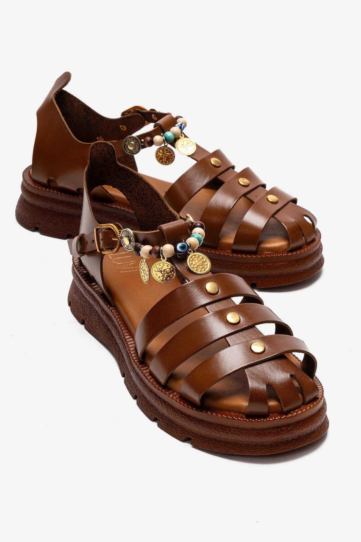 SOLIS - Tan Genuine Leather Beaded Sandal – front three-quarter view showing leather, beaded, Vowalisse