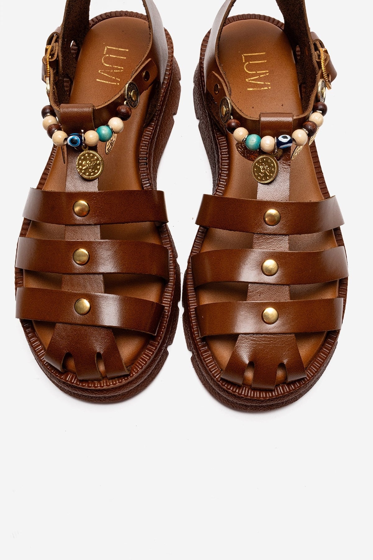 SOLIS - Tan Genuine Leather Beaded Sandal – side view showing leather, beaded, Vowalisse