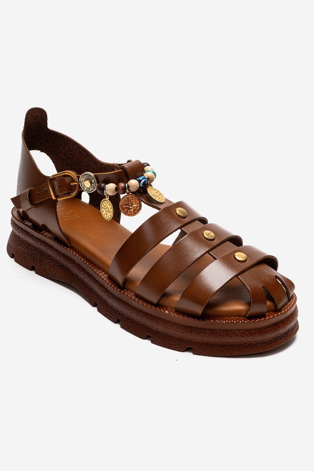 SOLIS - Tan Genuine Leather Beaded Sandal – detail view showing leather, beaded, Vowalisse