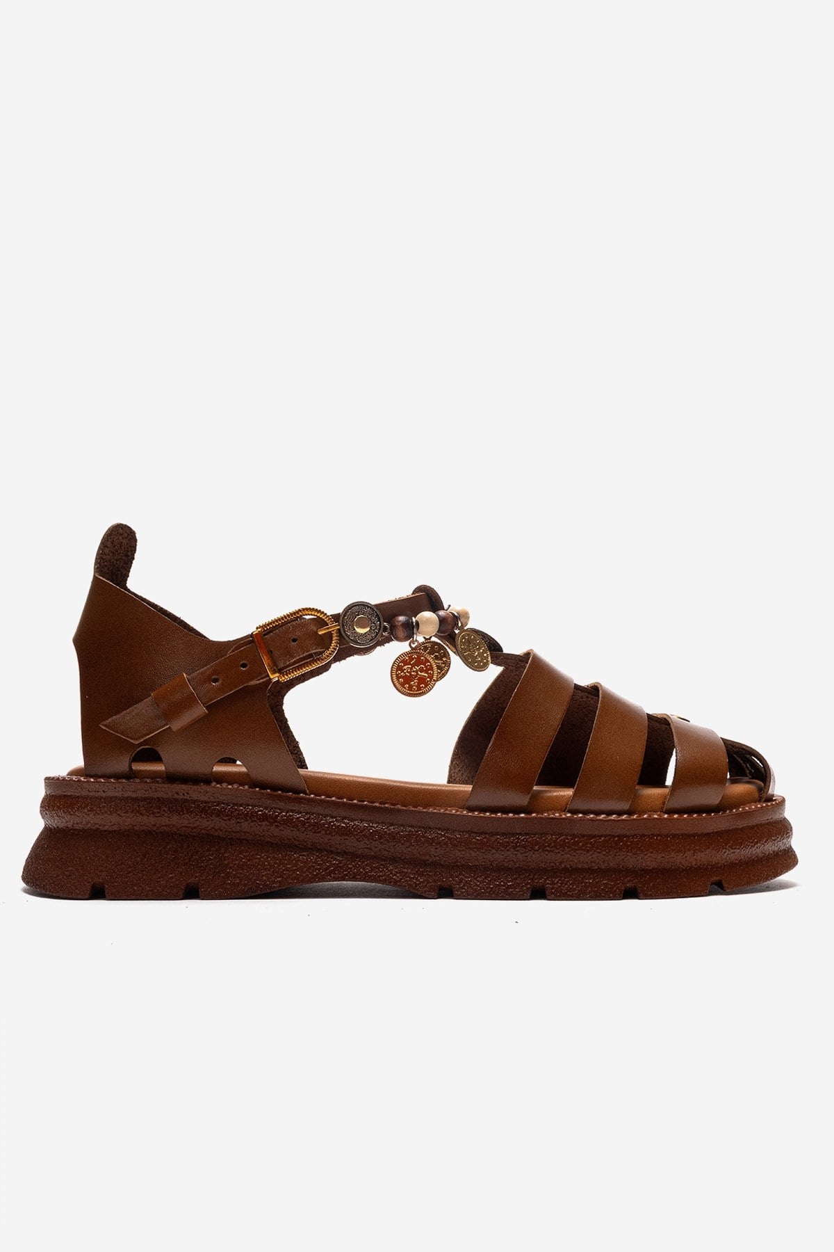 SOLIS - Tan Genuine Leather Beaded Sandal – heel view showing leather, beaded, Vowalisse