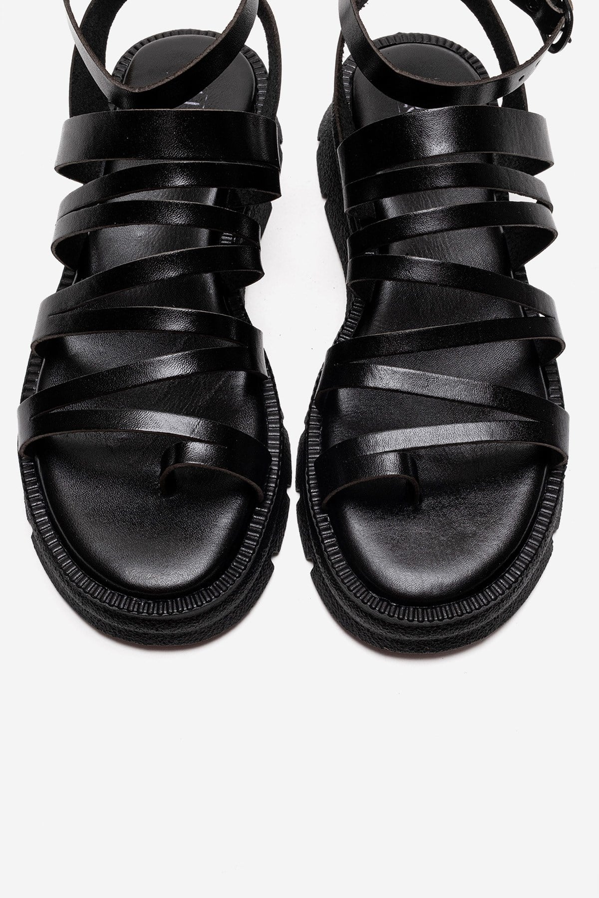 ELSA - Black Genuine Leather Multi-Strap Toe-Post Sandal – side view showing leather, black, Vowalisse