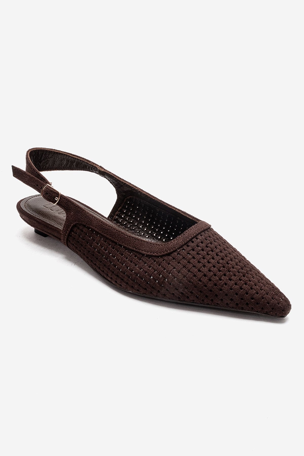 AVIVA - Brown Genuine Leather Pointed Toe Low Block Heel Pump – detail view showing leather, suede, Vowalisse
