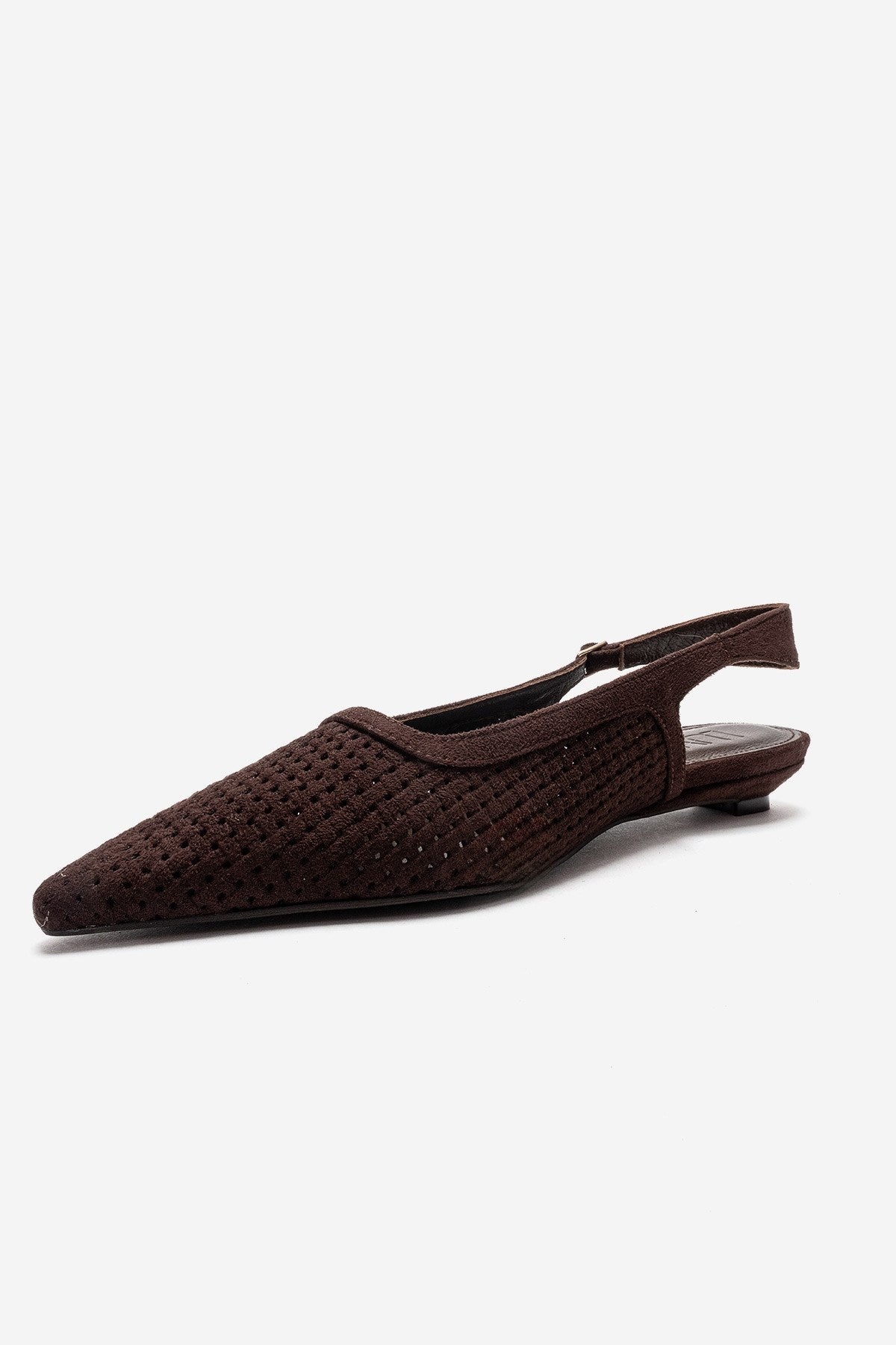 AVIVA - Brown Genuine Leather Pointed Toe Low Block Heel Pump – top view showing leather, suede, Vowalisse