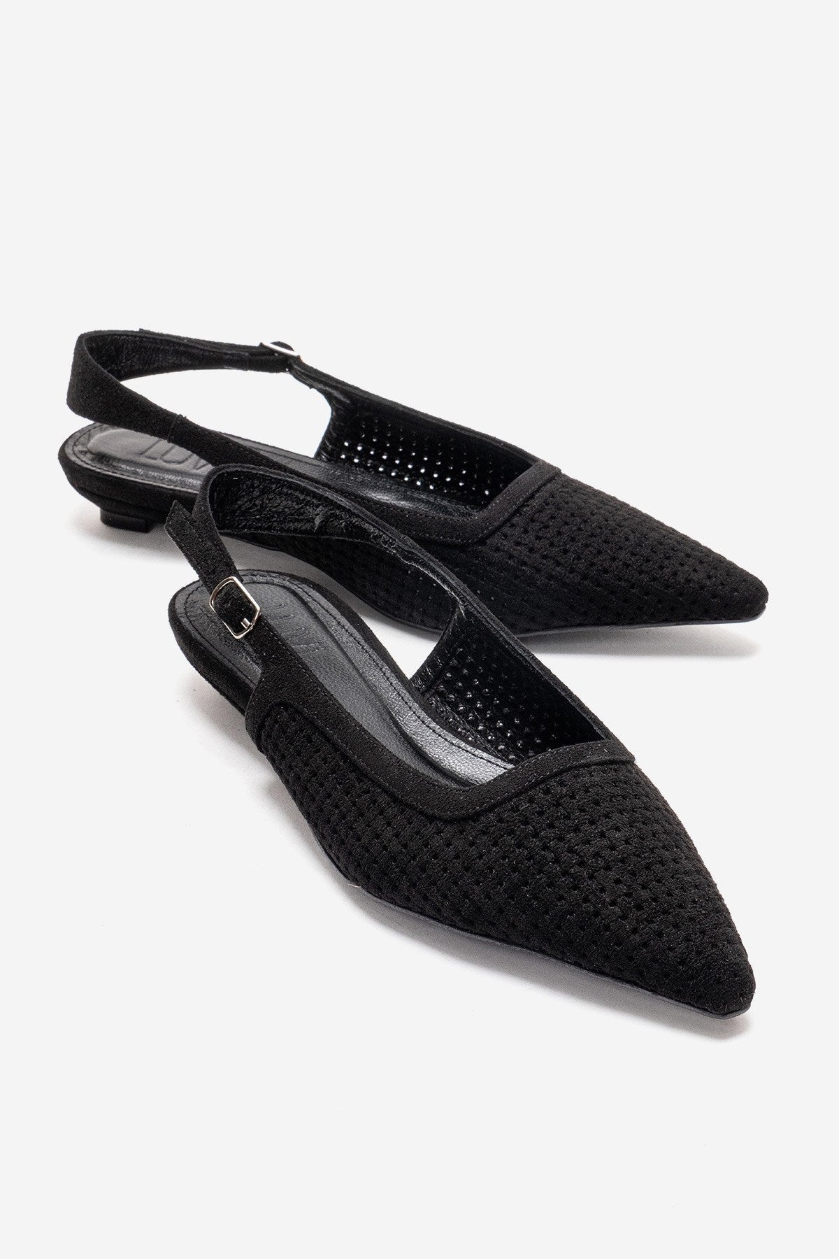 AVIVA - Black Genuine Leather Pointed Toe Low Block Heel Pump – front three-quarter view showing leather, suede, black…
