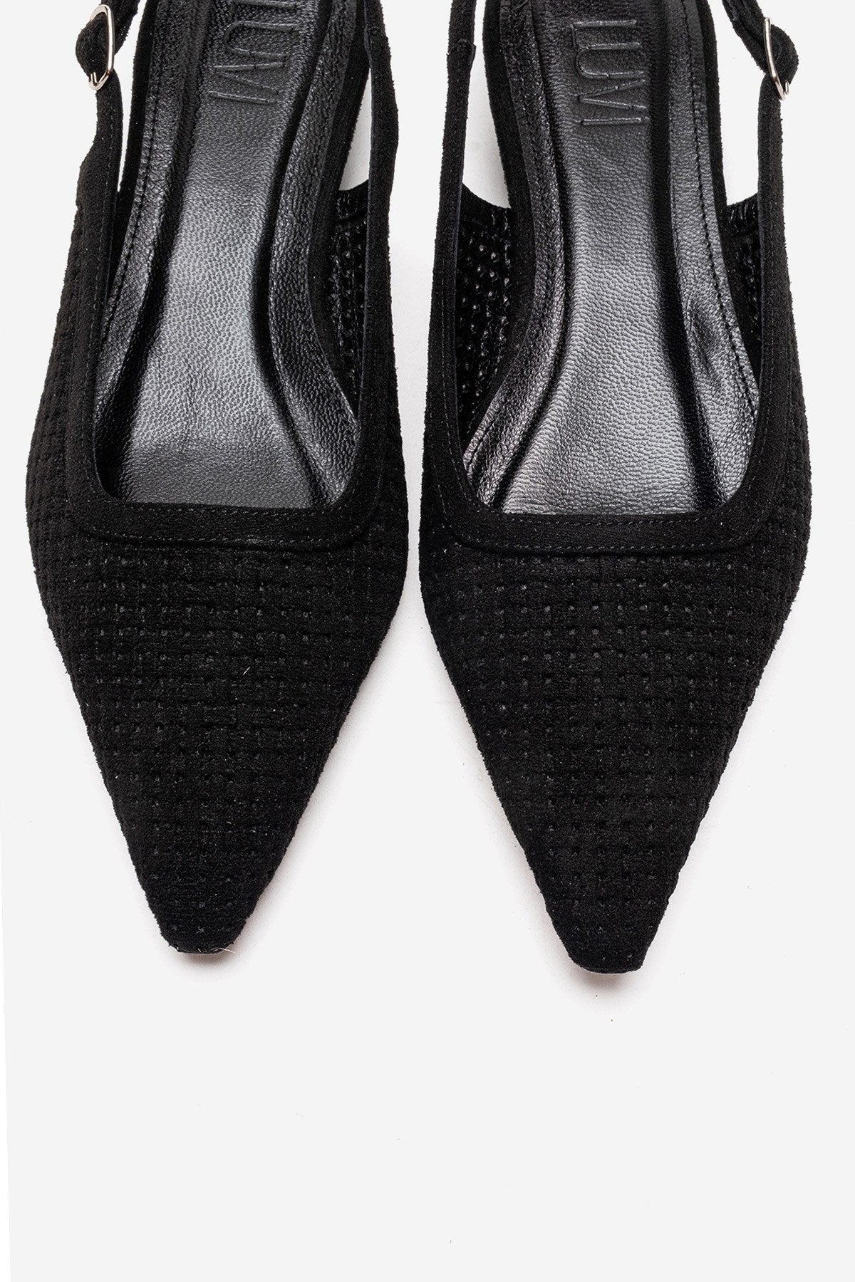 AVIVA - Black Genuine Leather Pointed Toe Low Block Heel Pump – side view showing leather, suede, black, Vowalisse
