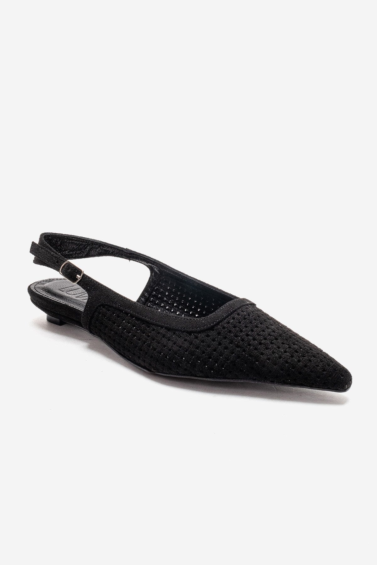 AVIVA - Black Genuine Leather Pointed Toe Low Block Heel Pump – detail view showing leather, suede, black, Vowalisse