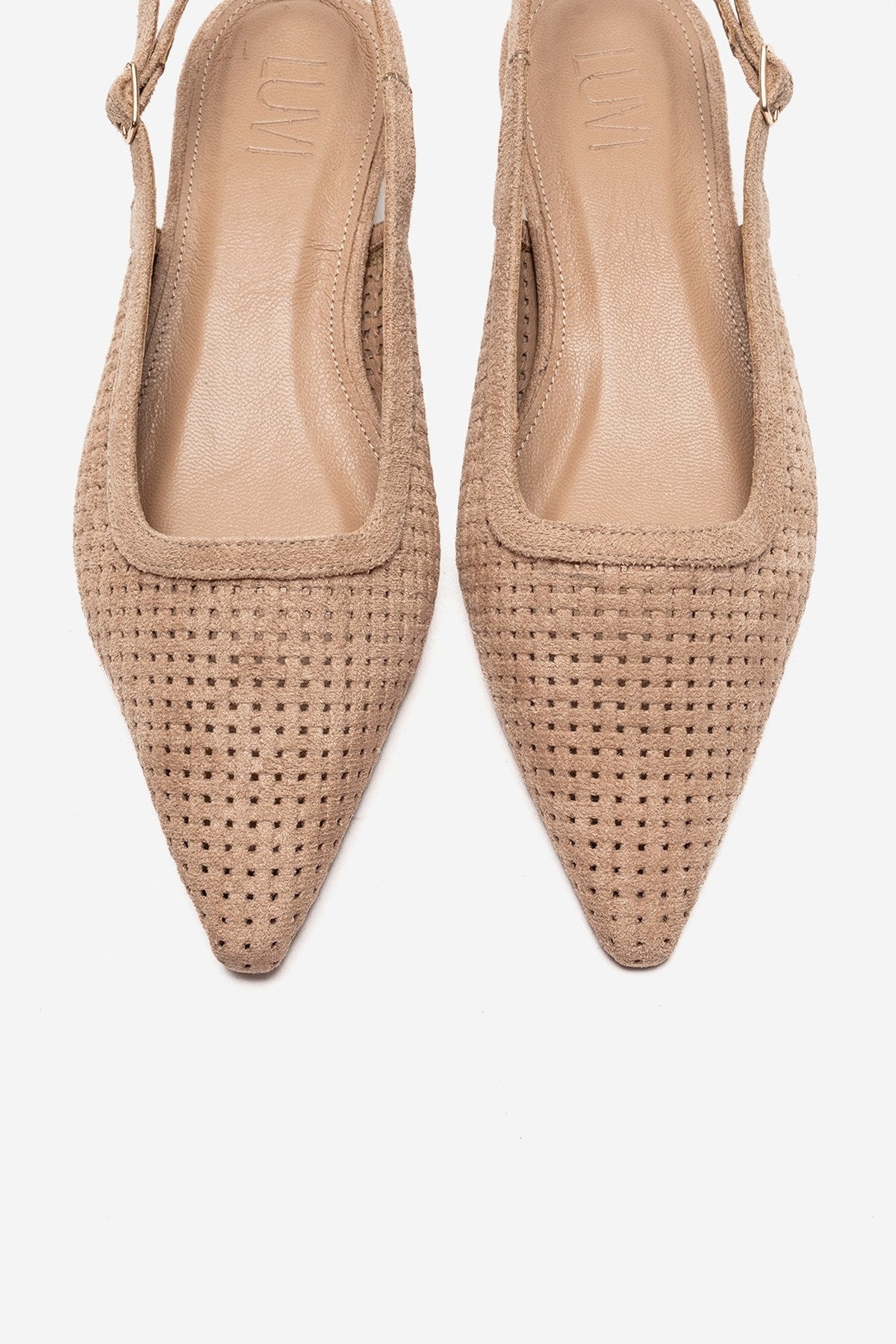 AVIVA - Beige Genuine Leather Pointed Toe Low Block Heel Pump – side view showing leather, suede, Vowalisse