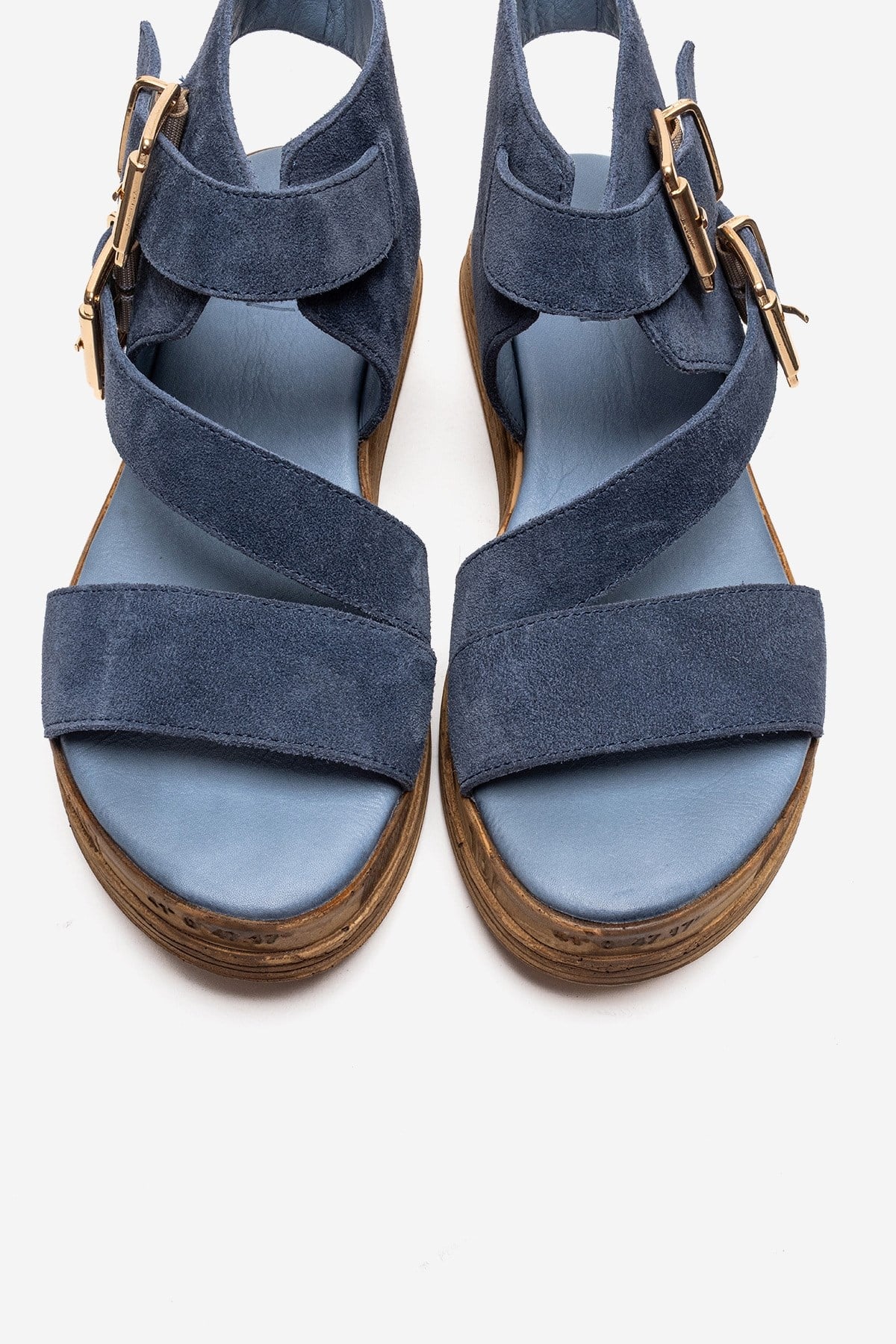 LORENTIS - Denim Blue Genuine Leather Double Buckle Sandal – side view showing leather, suede, blue, Vowalisse