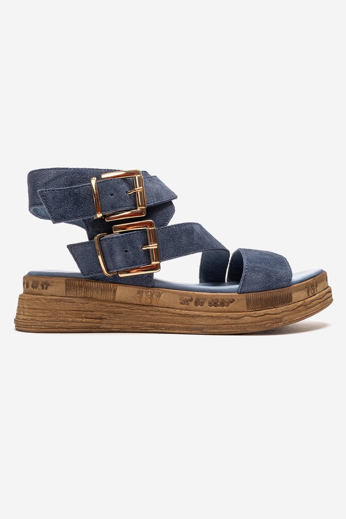 LORENTIS - Denim Blue Genuine Leather Double Buckle Sandal – heel view showing leather, suede, blue, Vowalisse