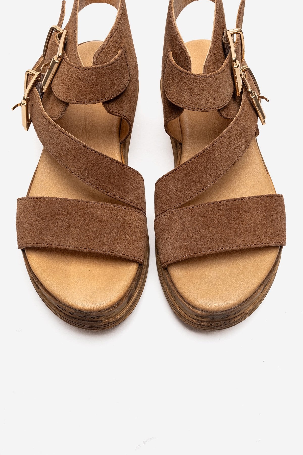LORENTIS - Camel Genuine Leather Double Buckle Sandal – side view showing leather, suede, Vowalisse