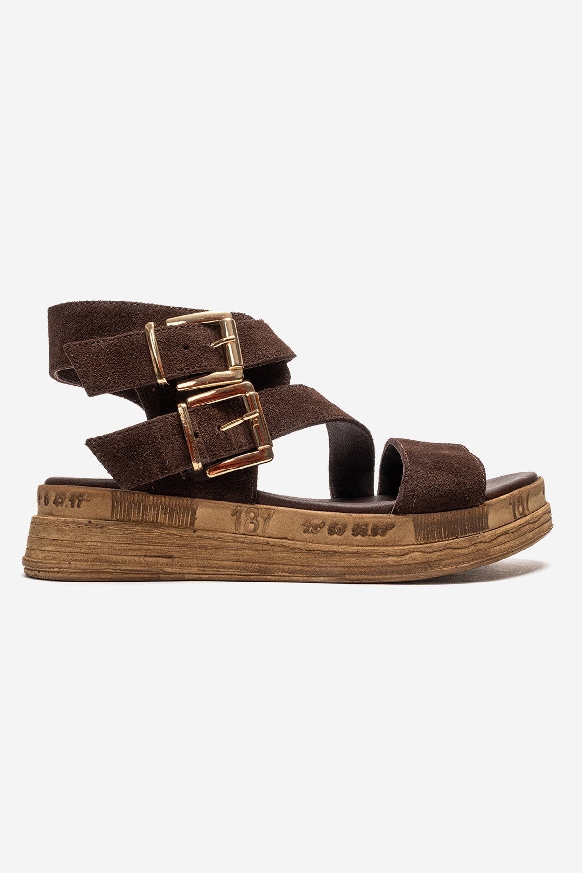 LORENTIS - Brown Genuine Leather Double Buckle Sandal – heel view showing leather, suede, Vowalisse