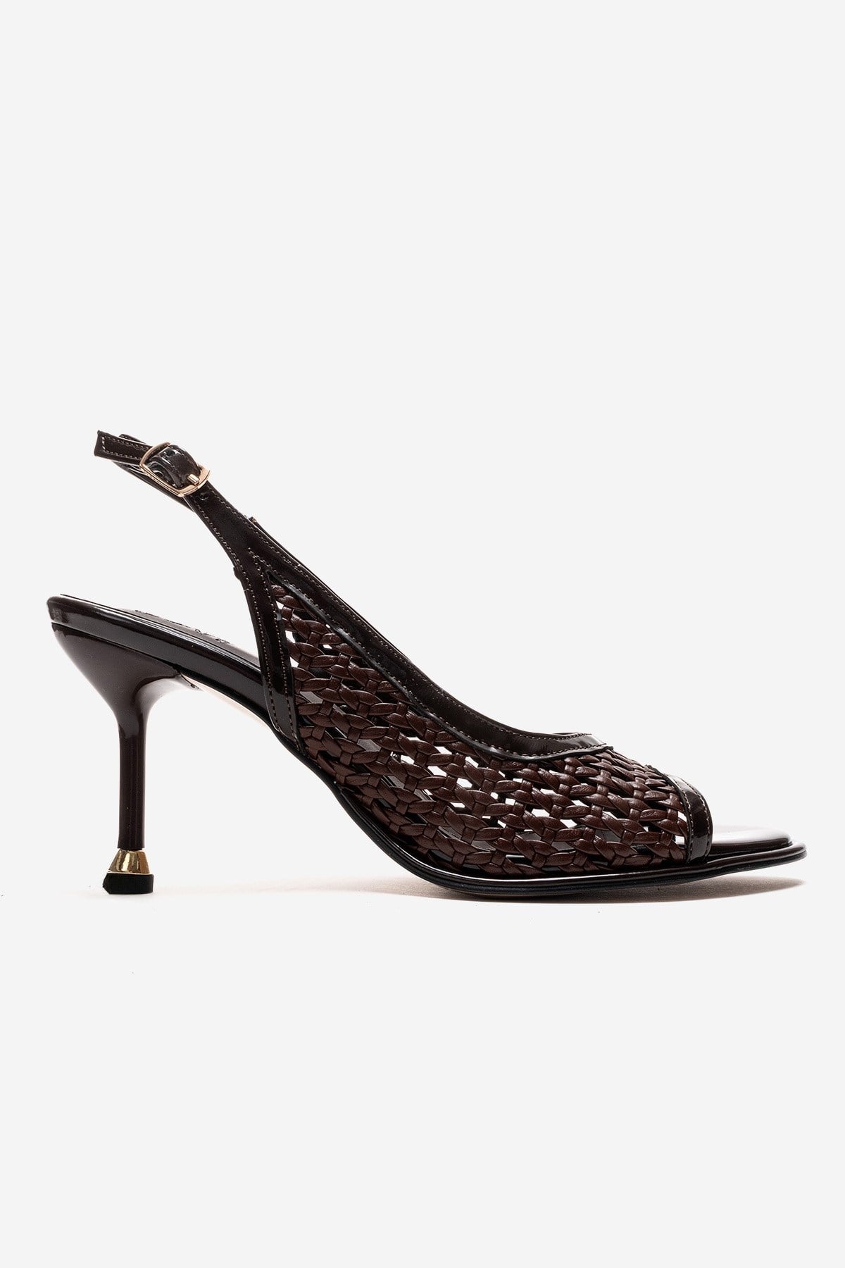 BONITO - Brown Woven Stiletto Heeled Shoe – heel view showing leather, Vowalisse
