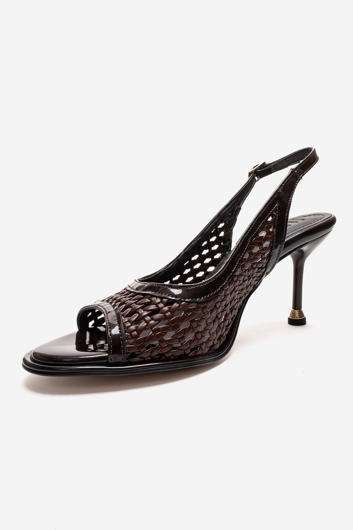 BONITO - Brown Woven Stiletto Heeled Shoe – top view showing leather, Vowalisse