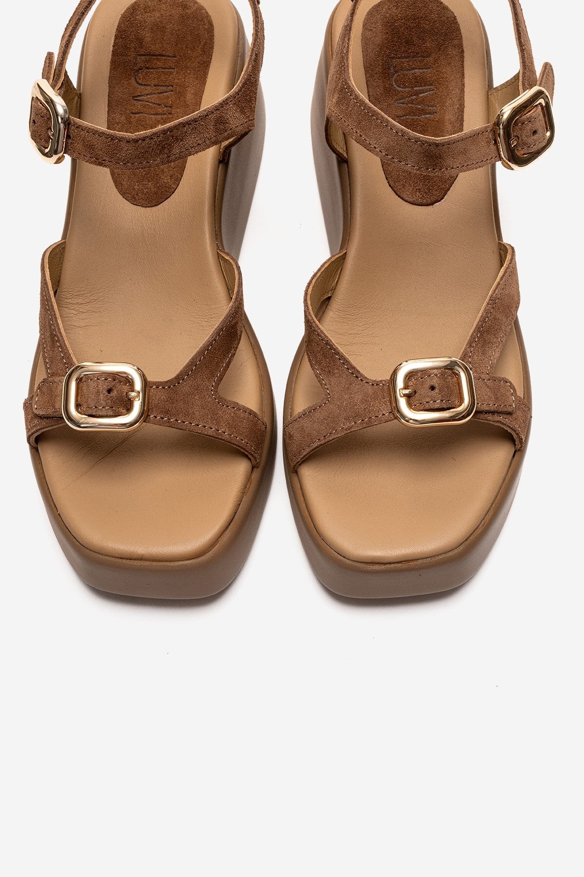 Kalia - Taupe Suede Genuine Leather Buckle Wedge Sandal – side view showing leather, suede, red, Vowalisse