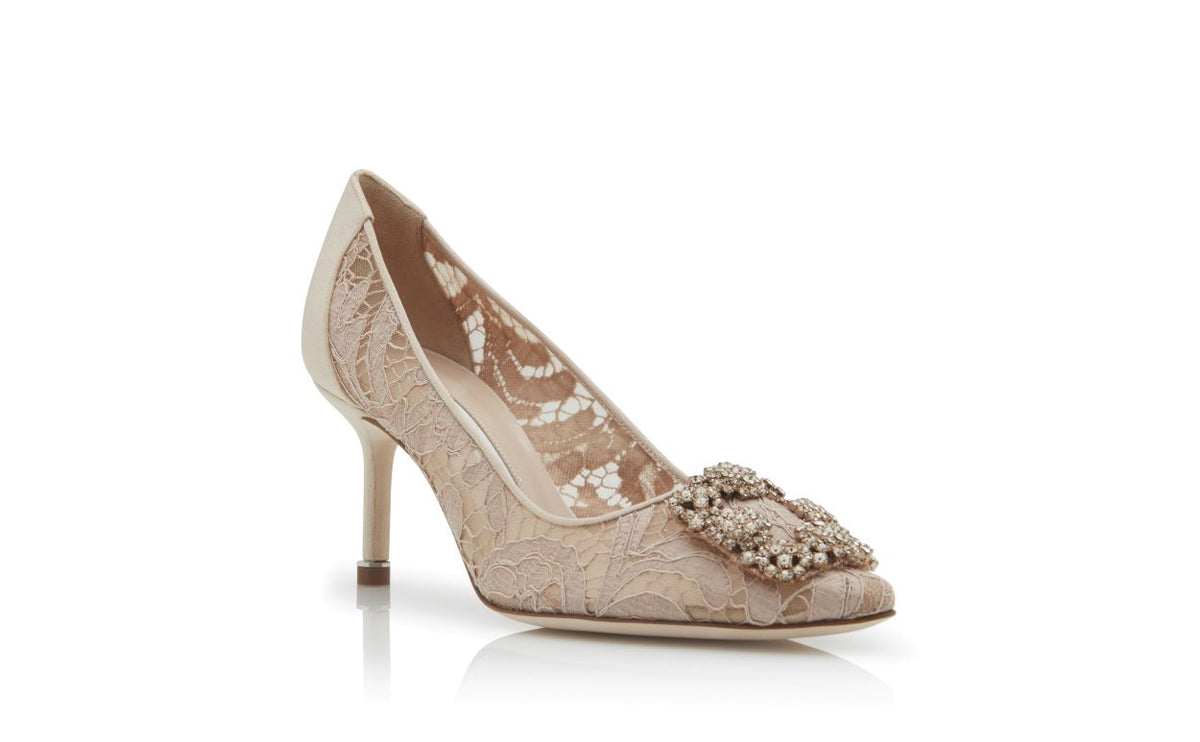 Clarisse Dawn Neutral Jewel Buckle Pumps – top view showing neutral jewel buckle, crystal buckle, almond toe, satin…