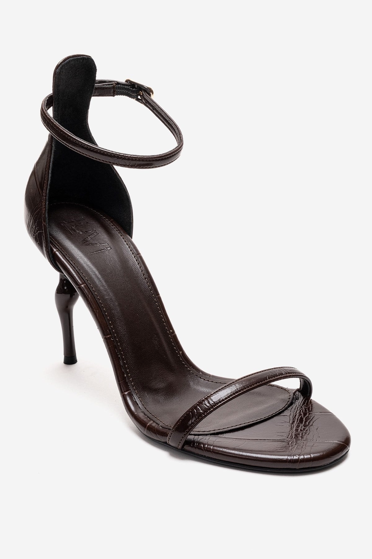 Yelena - Brown Printed Thin-Strap Stiletto Pump – detail view showing leather, Vowalisse