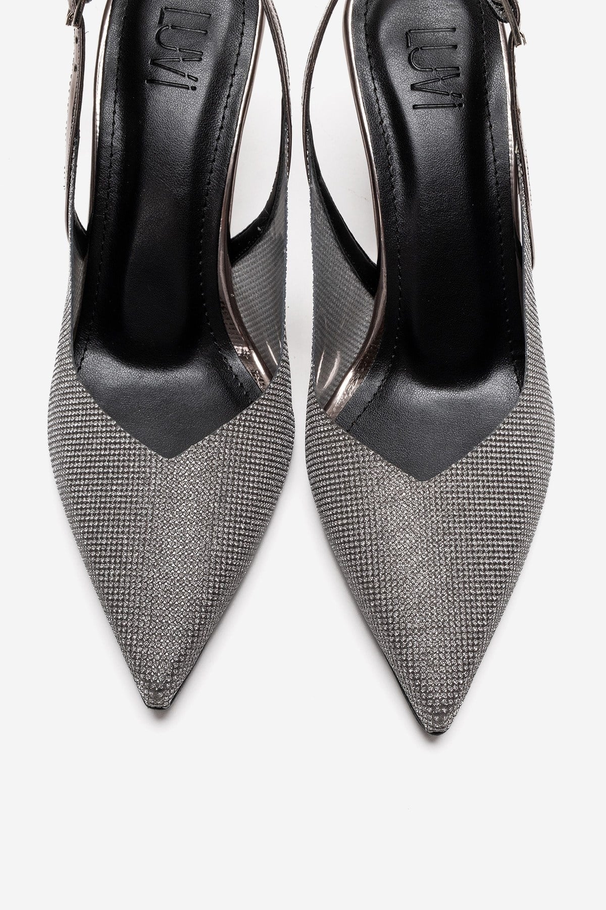 Dorata - Platinum Embellished Stiletto Pump – side view showing leather, glitter, metallic, Vowalisse