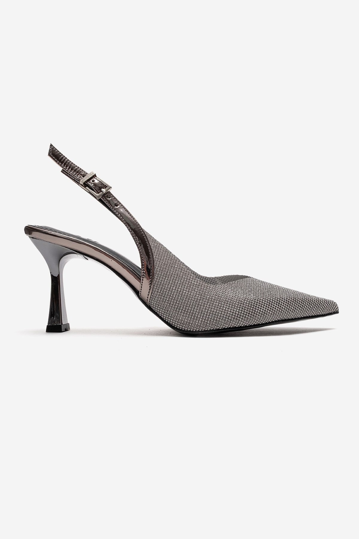 Dorata - Platinum Embellished Stiletto Pump – heel view showing leather, glitter, metallic, Vowalisse