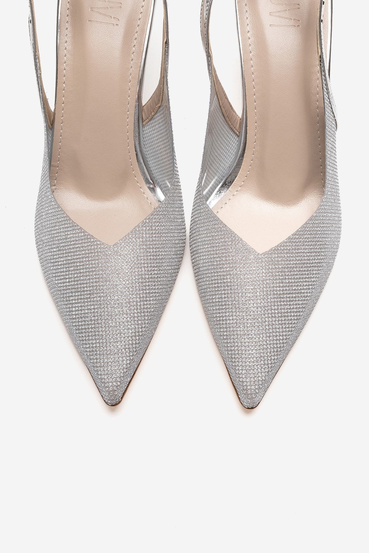 Dorata - Silver Embellished Stiletto Pump – side view showing leather, glitter, silver, Vowalisse
