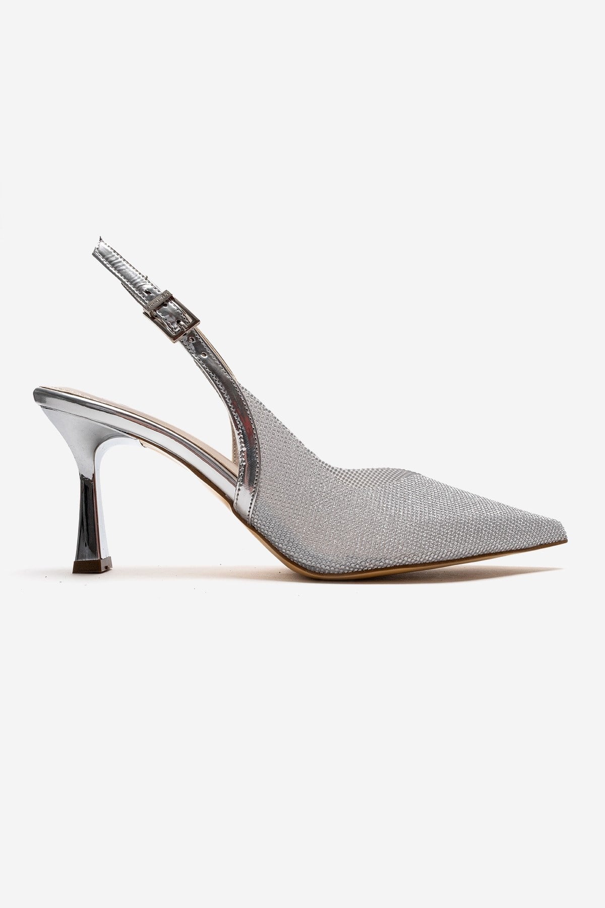 Dorata - Silver Embellished Stiletto Pump – heel view showing leather, glitter, silver, Vowalisse