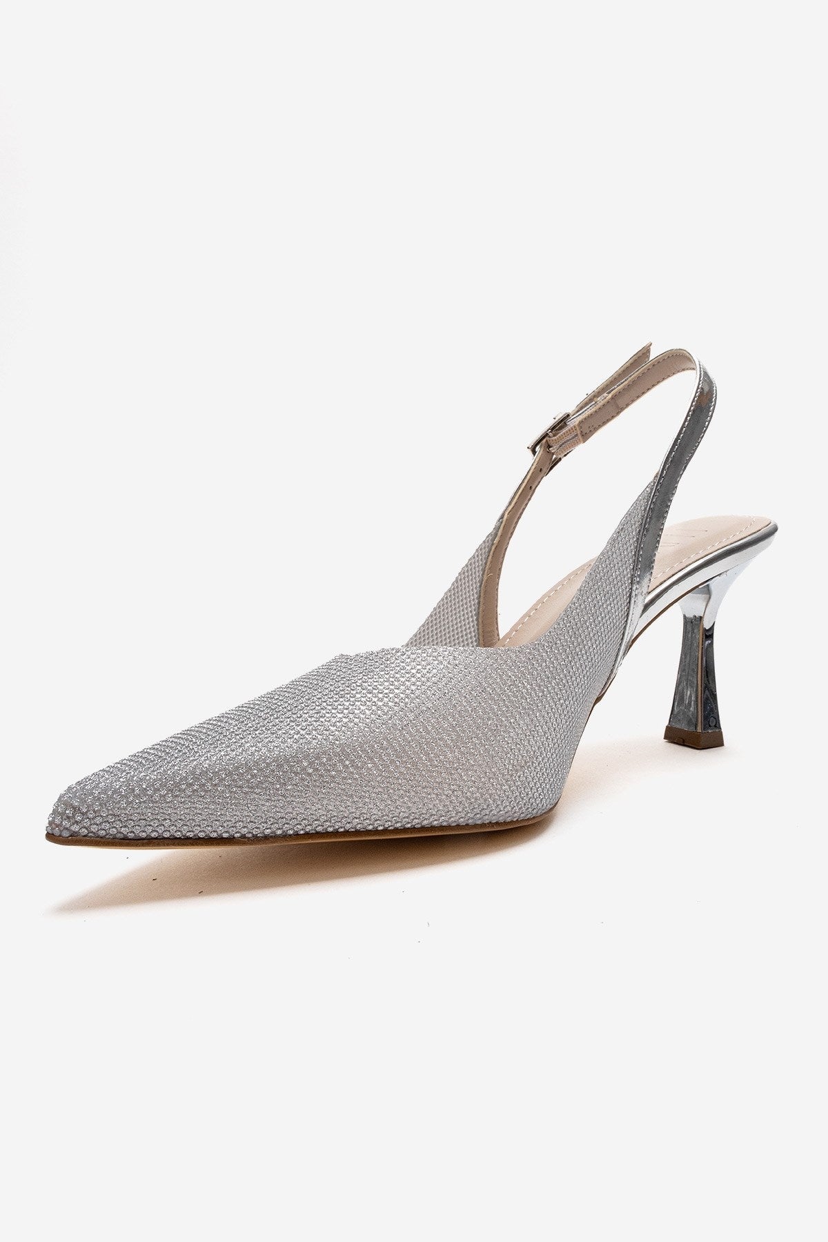 Dorata - Silver Embellished Stiletto Pump – top view showing leather, glitter, silver, Vowalisse