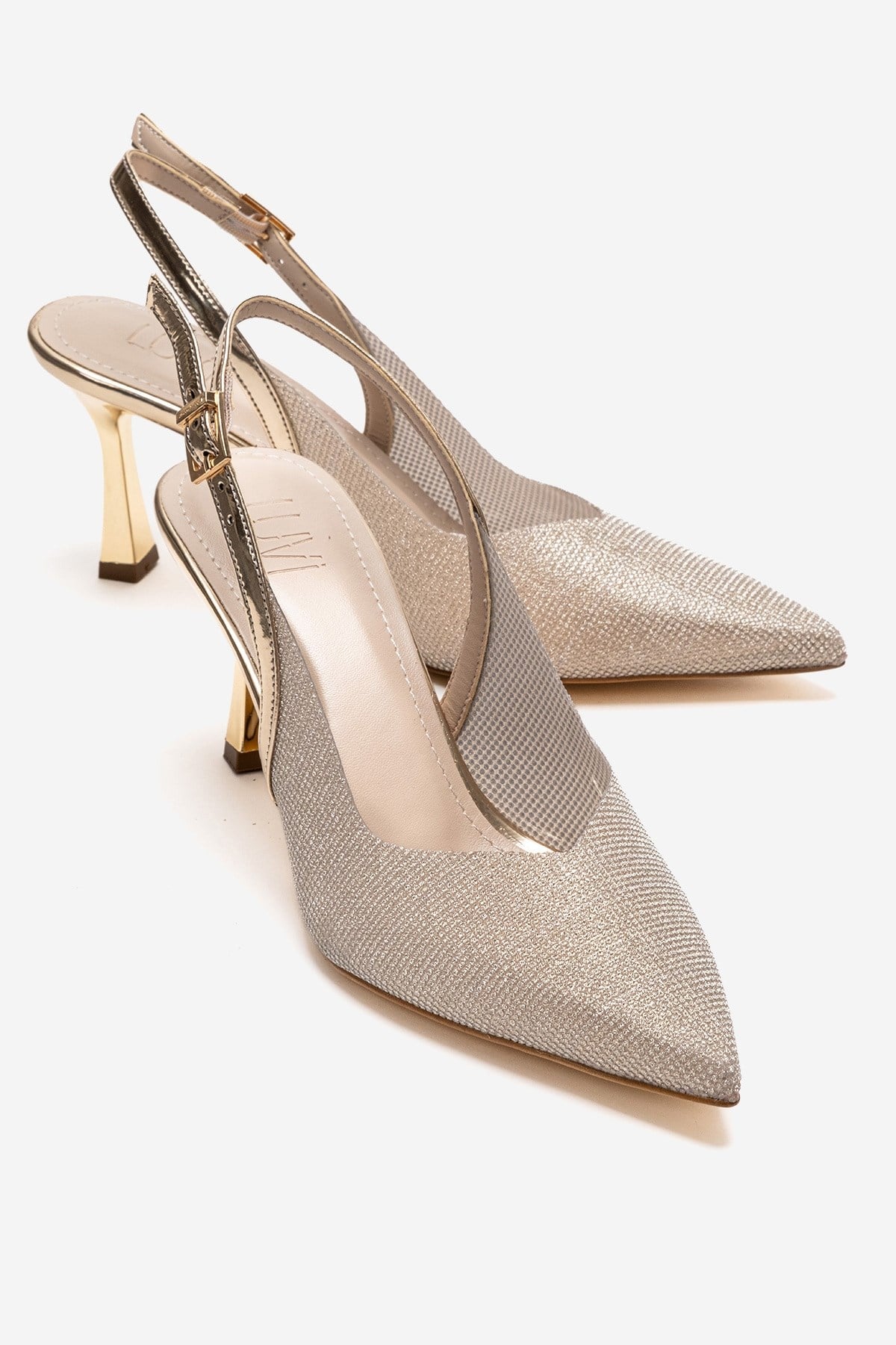 Dorata - Gold Embellished Stiletto Pump – front three-quarter view showing leather, glitter, gold, Vowalisse