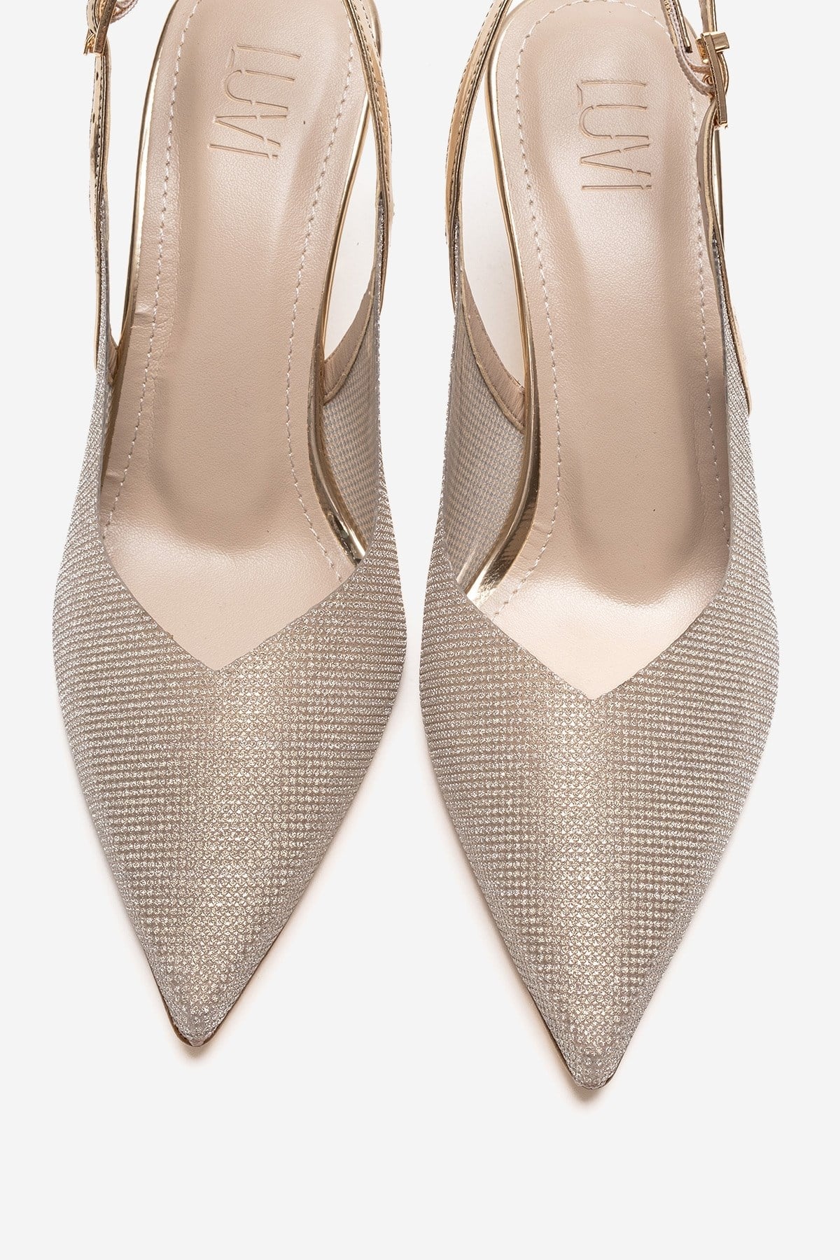 Dorata - Gold Embellished Stiletto Pump – side view showing leather, glitter, gold, Vowalisse