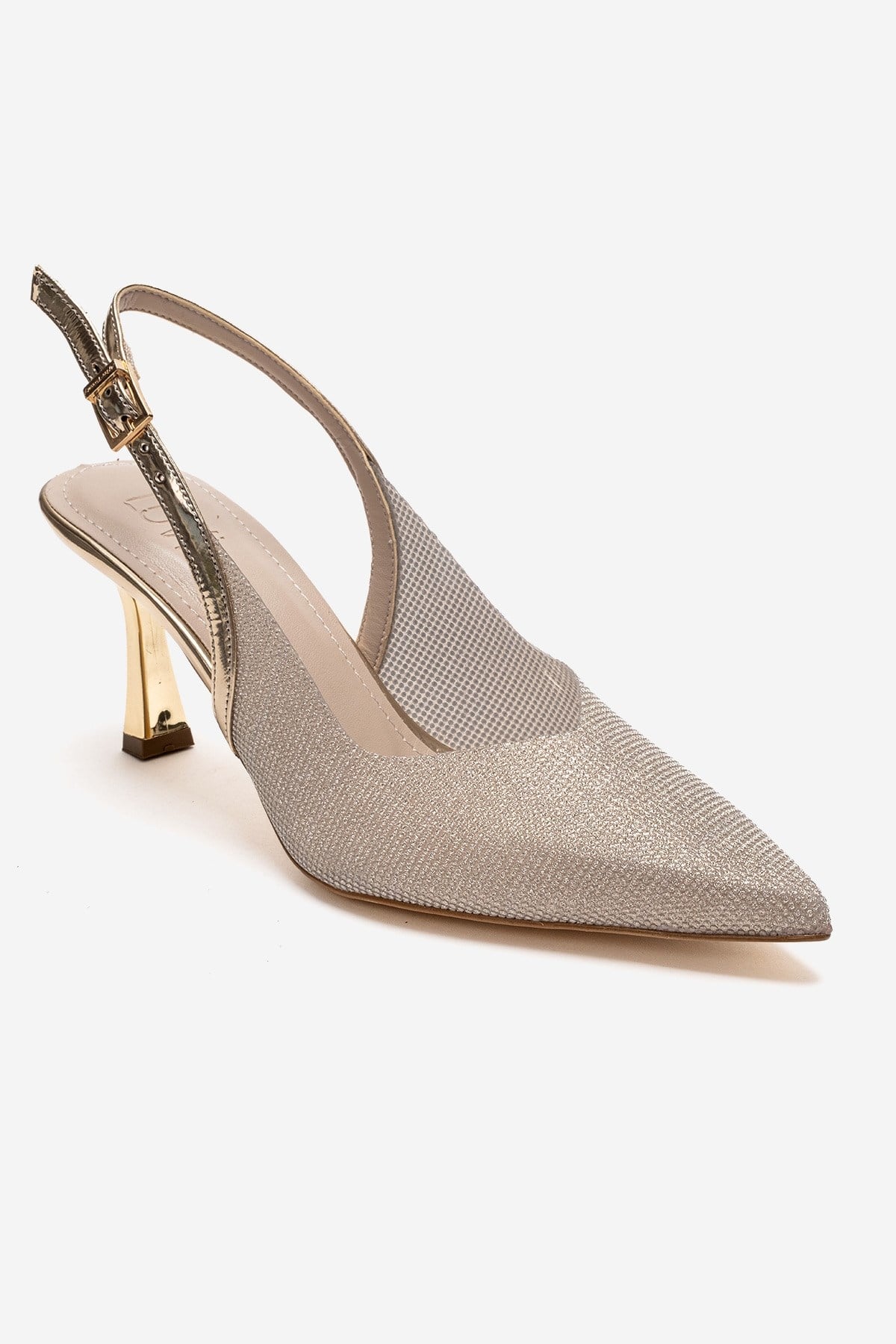 Dorata - Gold Embellished Stiletto Pump – detail view showing leather, glitter, gold, Vowalisse